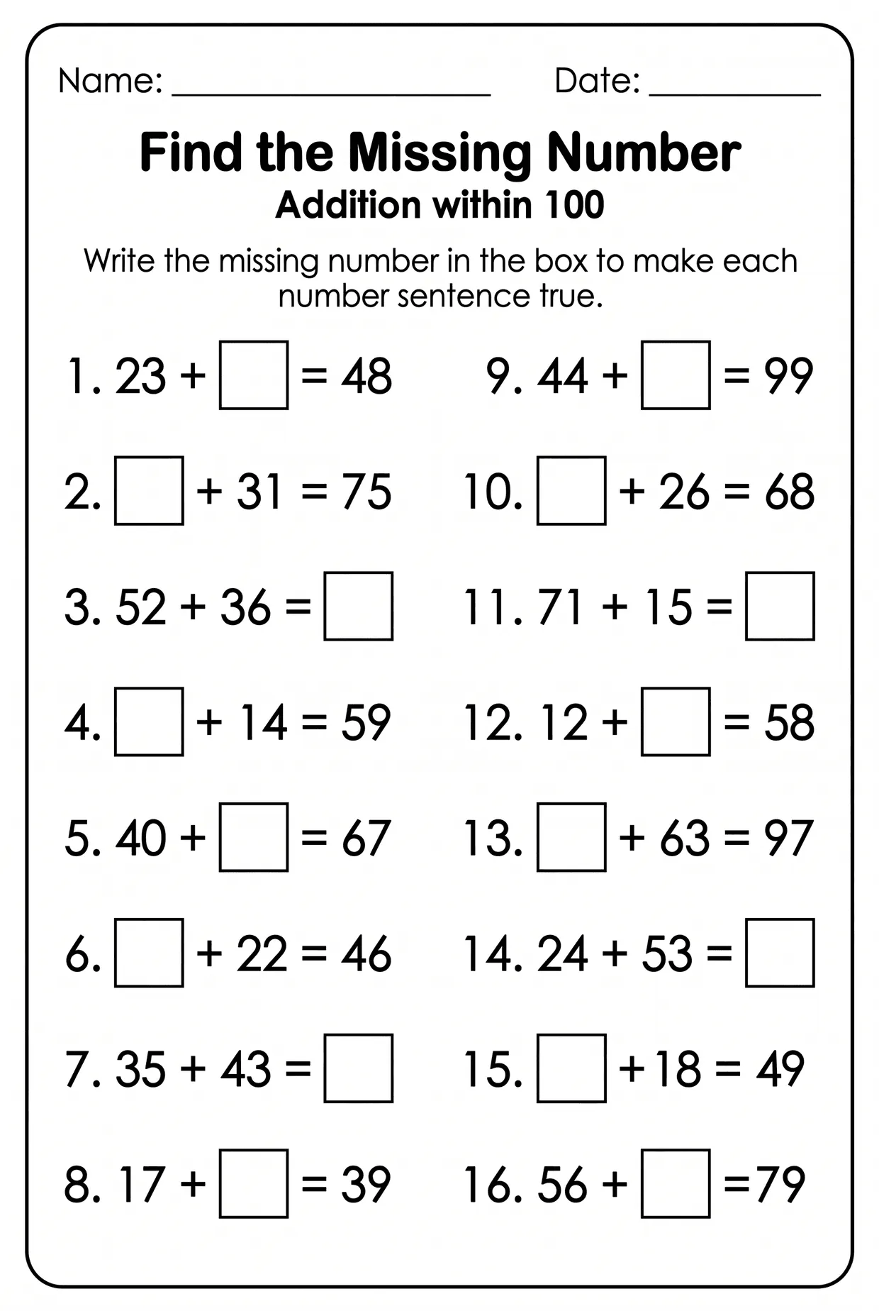 Missing Number Addition Worksheet for 2nd Grade, page 1 preview
