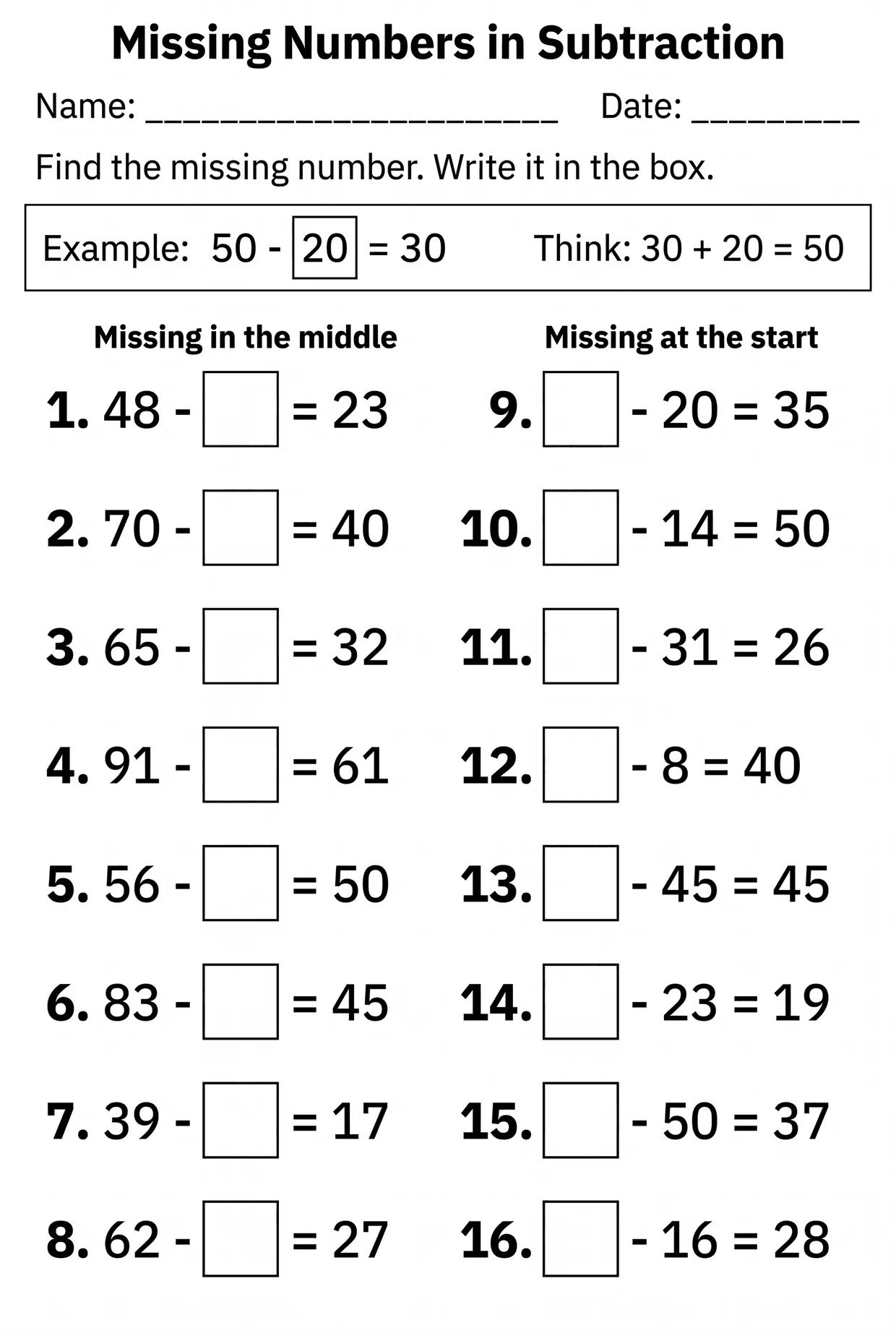 Missing Number Subtraction Worksheet for Grade 2, page 1 preview