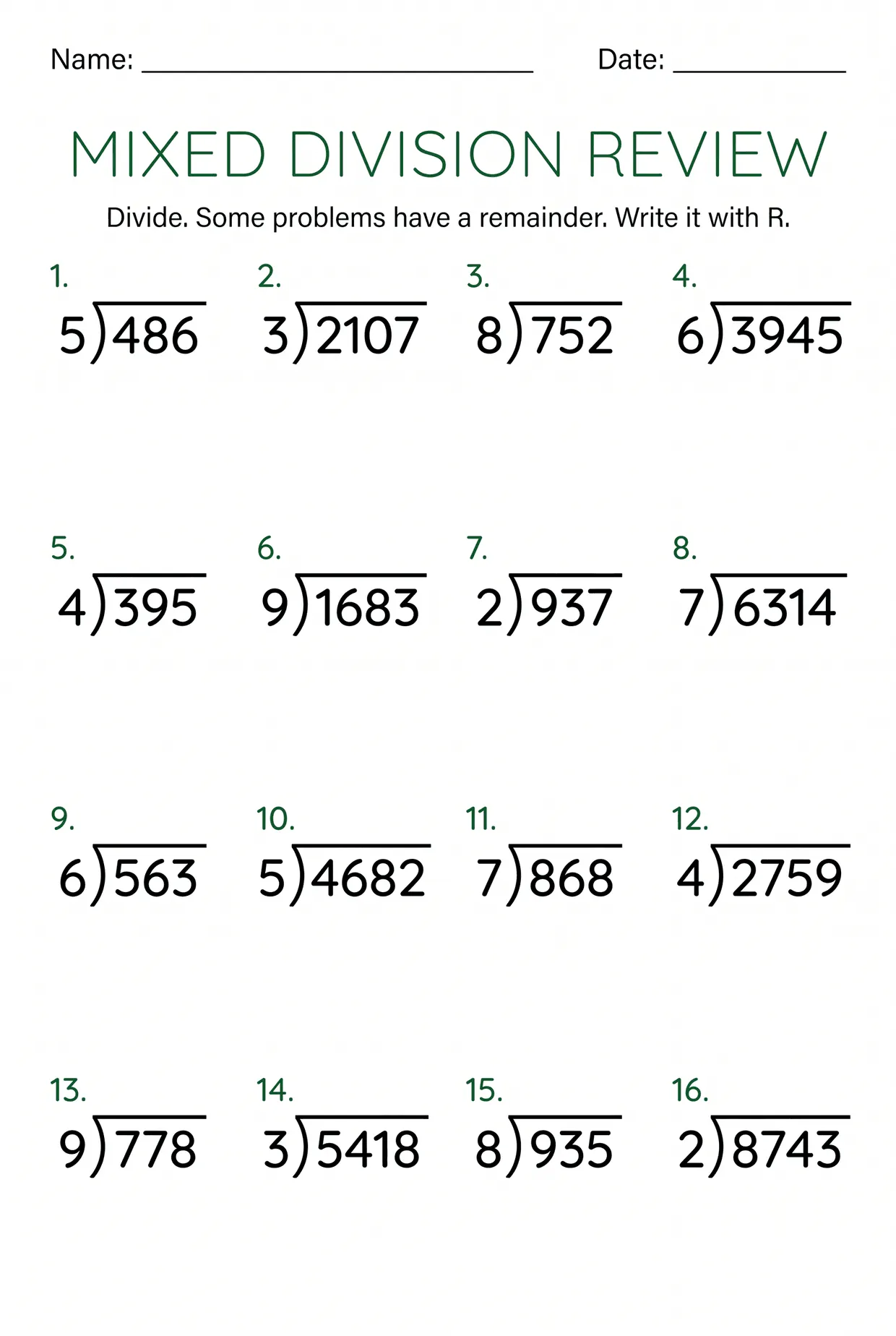 Mixed Division Review Worksheet for 4th Grade, page 1 preview