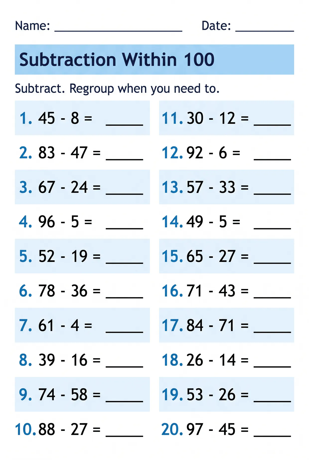 Subtraction Within 100 Worksheet for 2nd Grade, page 1 preview