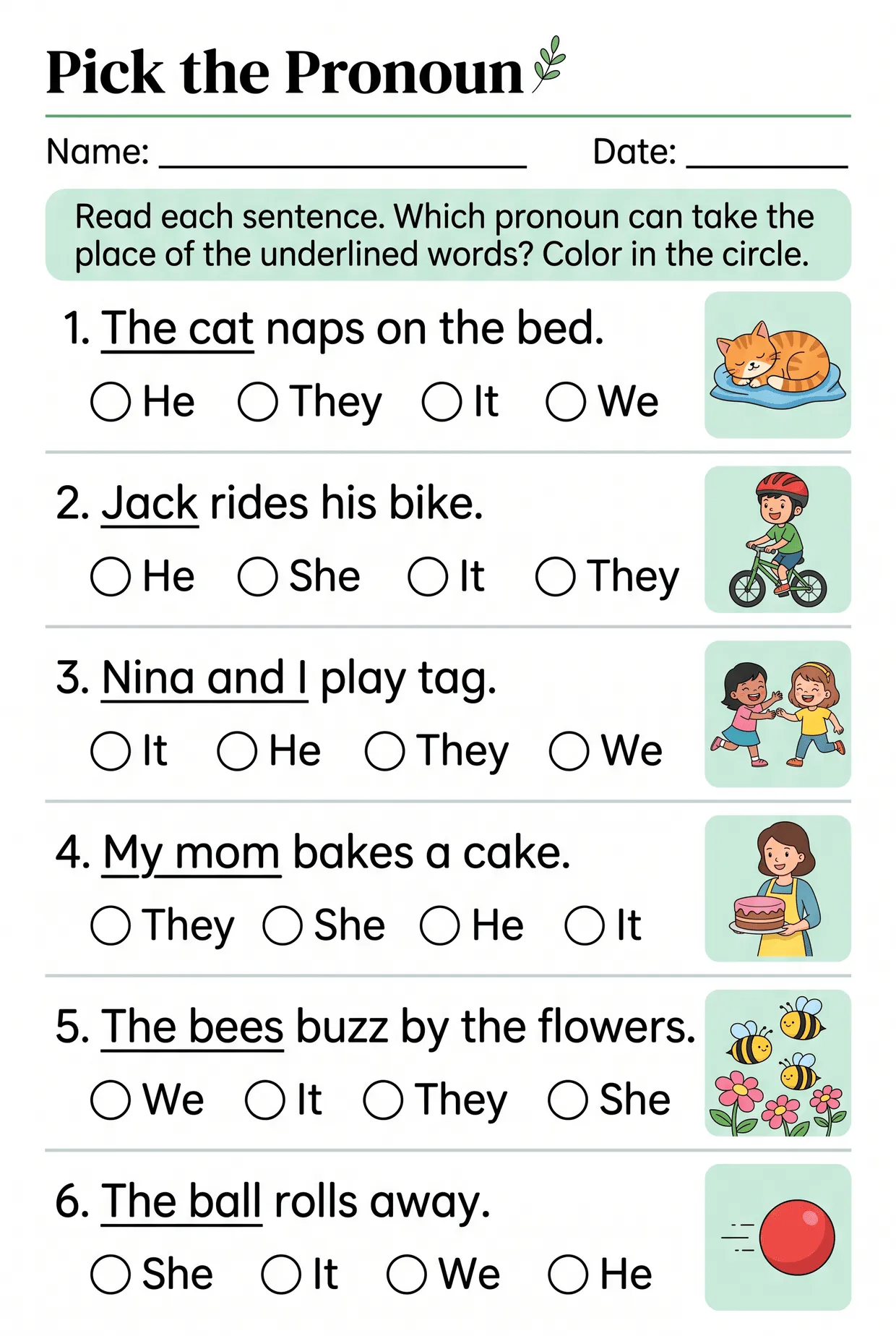 Pick the Pronoun Multiple Choice Worksheet for Grade 1, page 1 preview