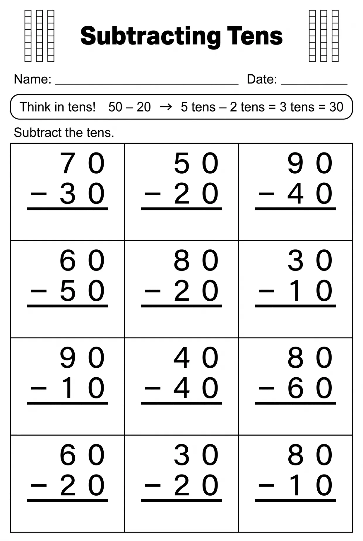 Multiples of 10 Subtraction Worksheet for Grade 1, page 1 preview