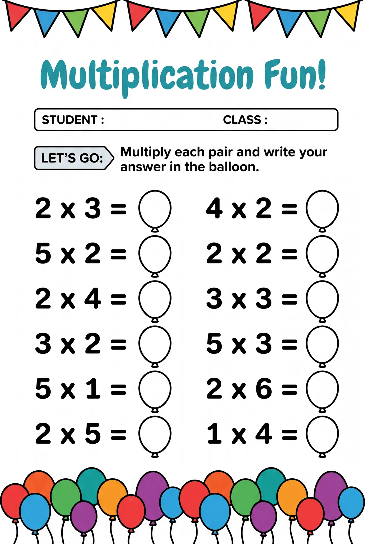 Multiplication Balloons: 2nd Grade Practice Worksheet worksheet preview