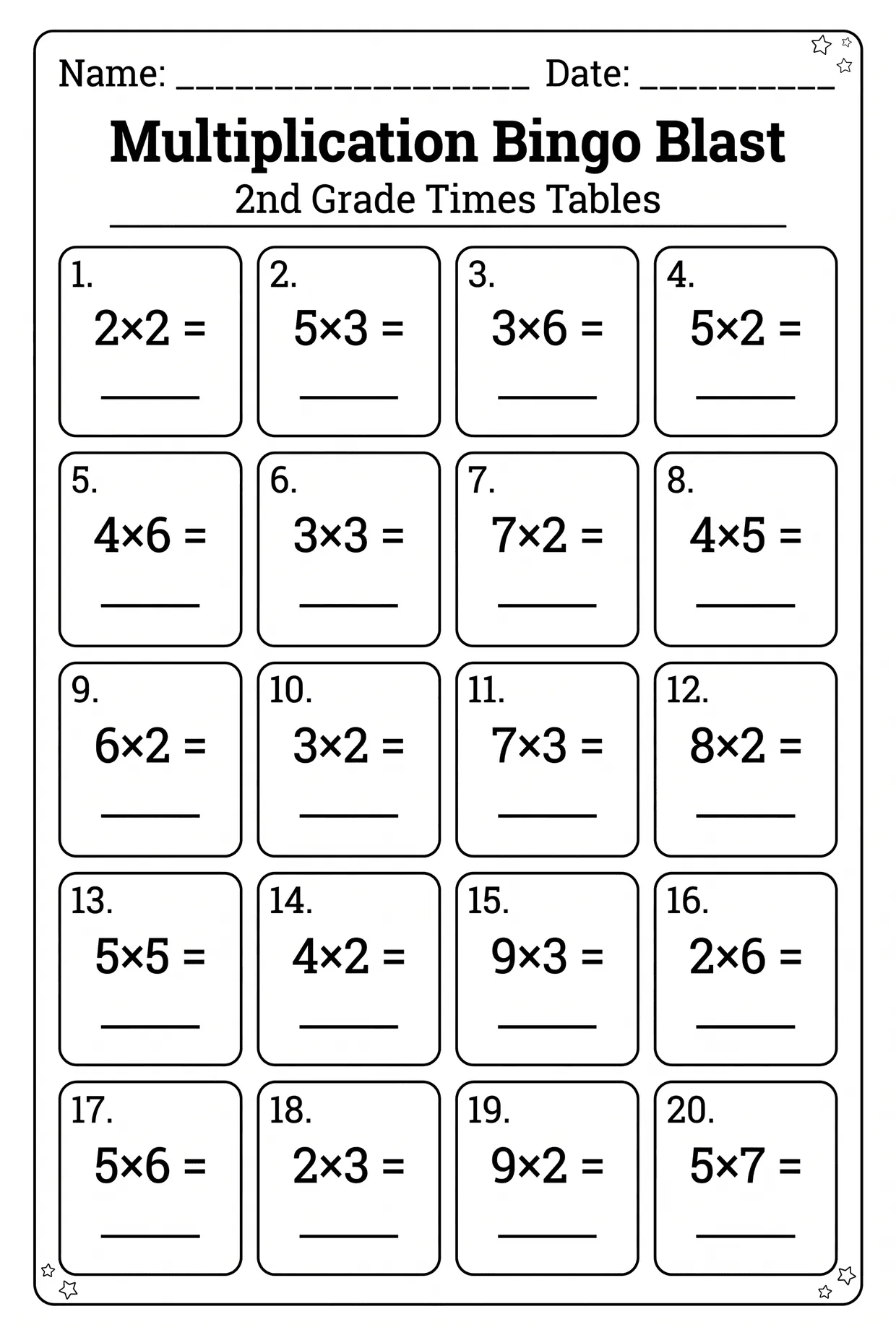 Multiplication Bingo Blast: 20-Box Practice Worksheet, page 1 preview