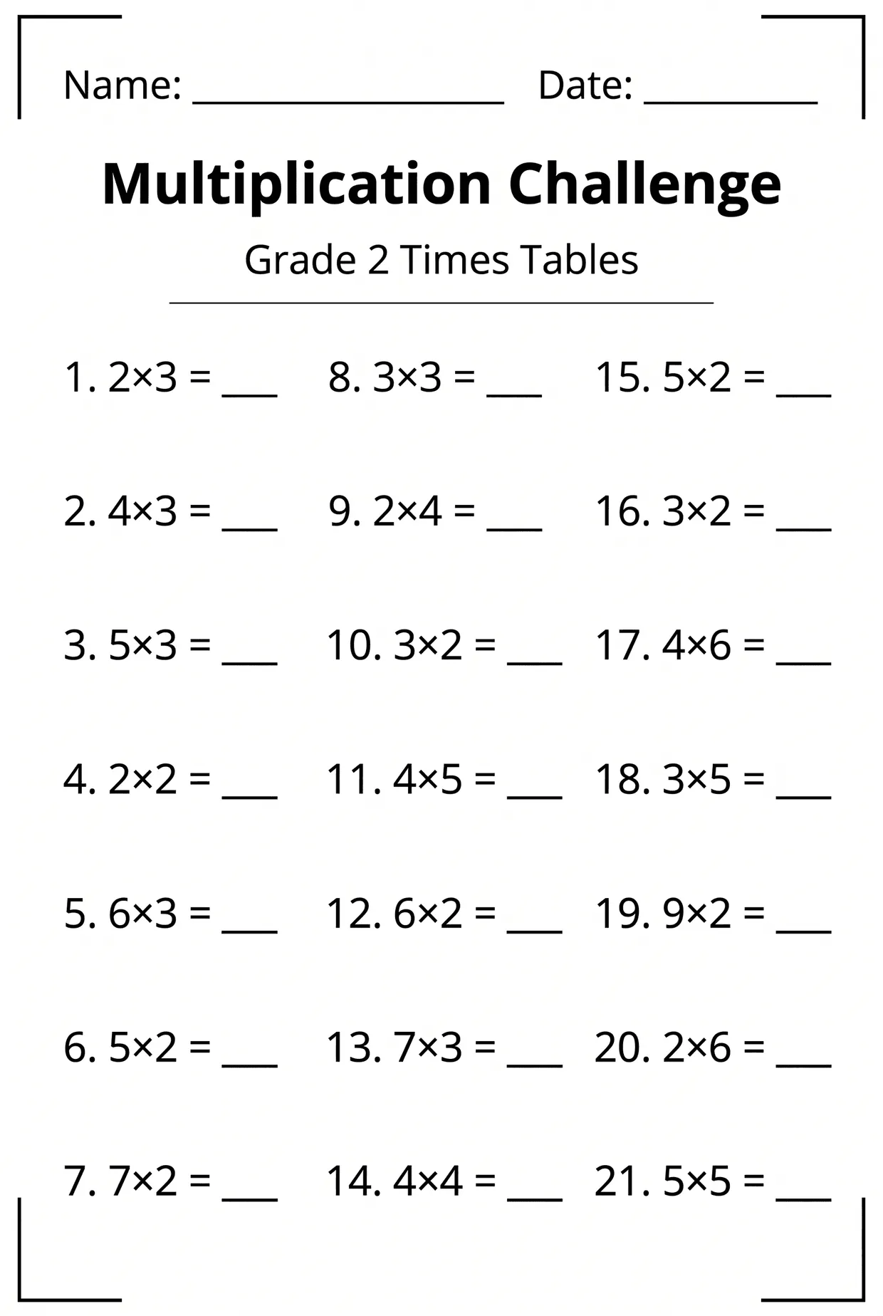Multiplication Challenge Worksheet for 2nd Grade, page 1 preview