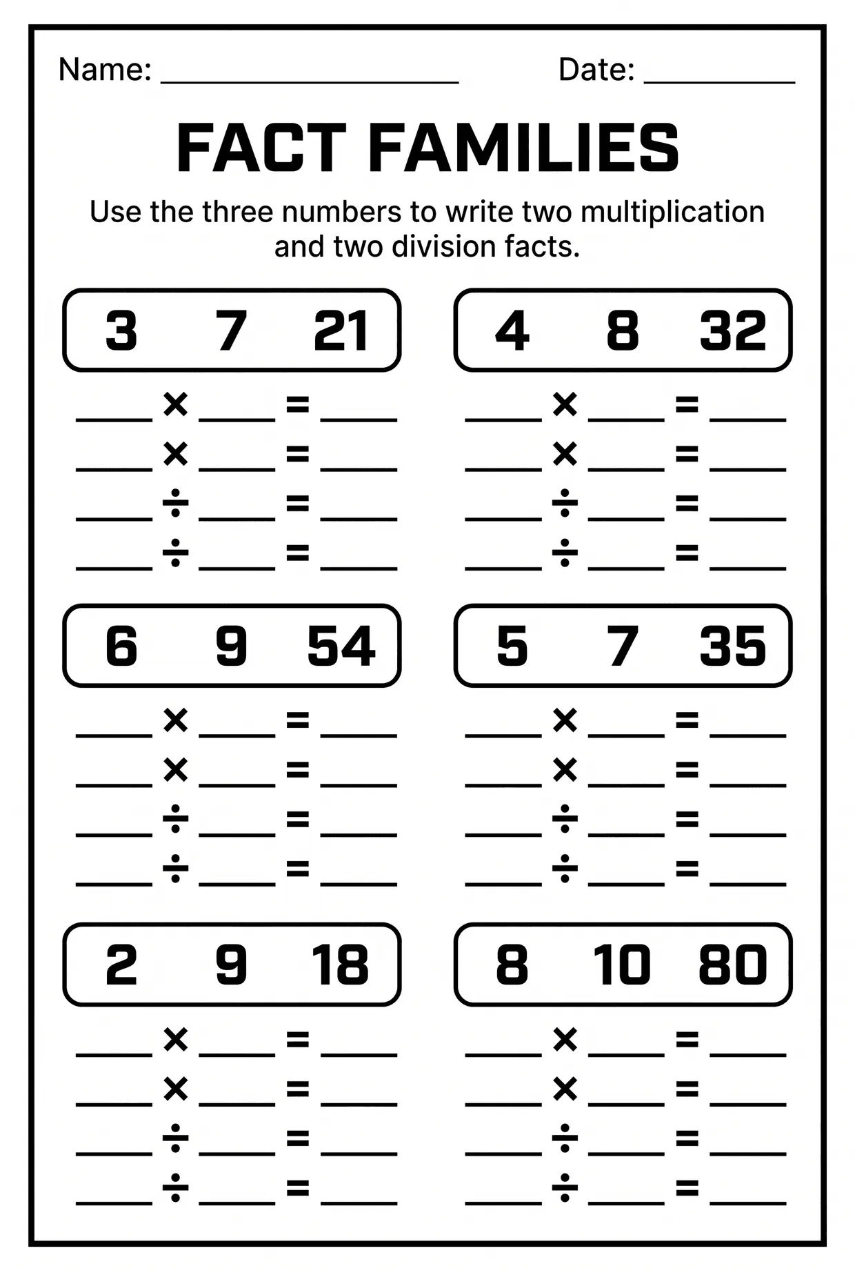 Multiplication and Division Fact Families Grade 3, page 1 preview