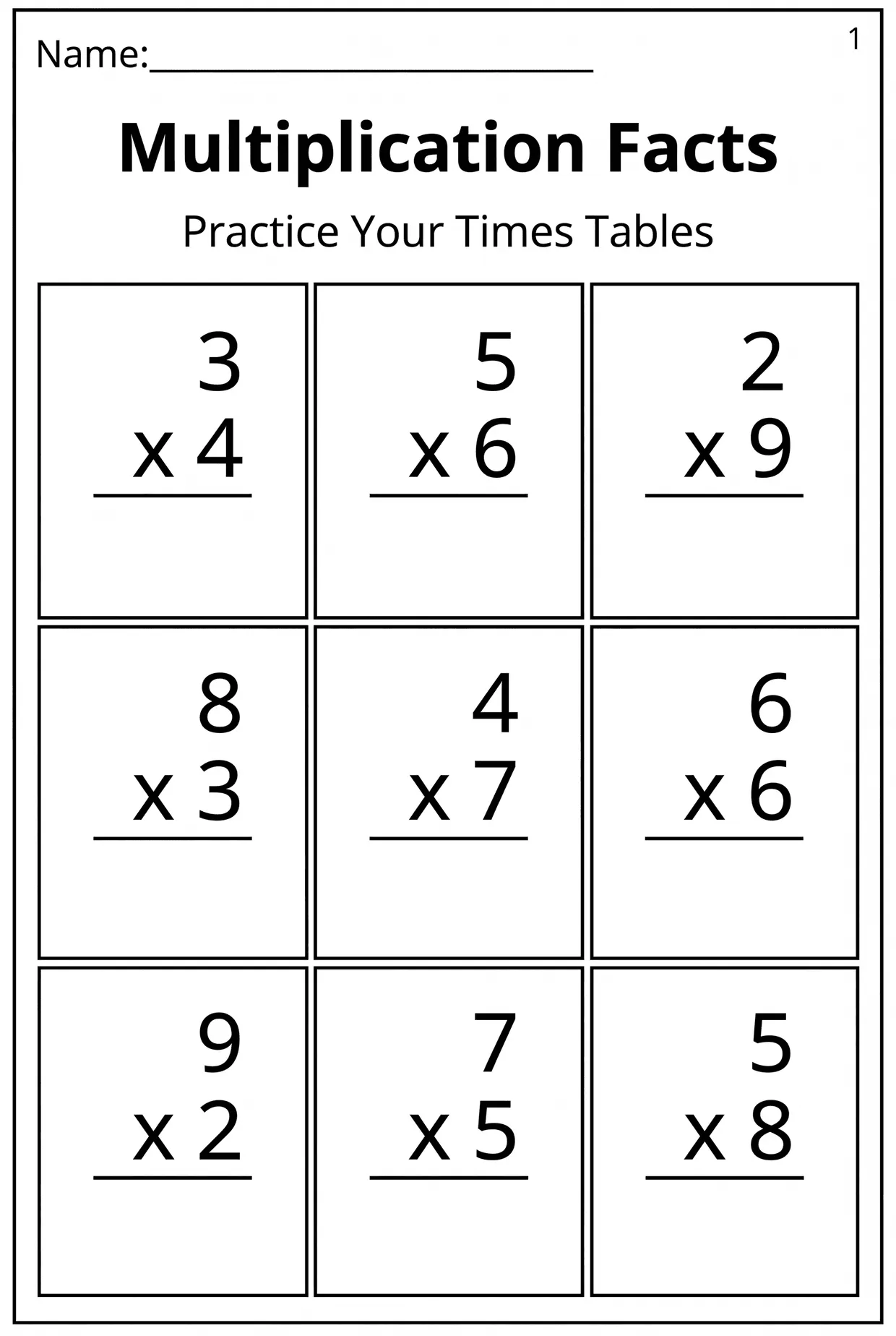 Boxed Multiplication Worksheet for 3rd Grade, page 1 preview