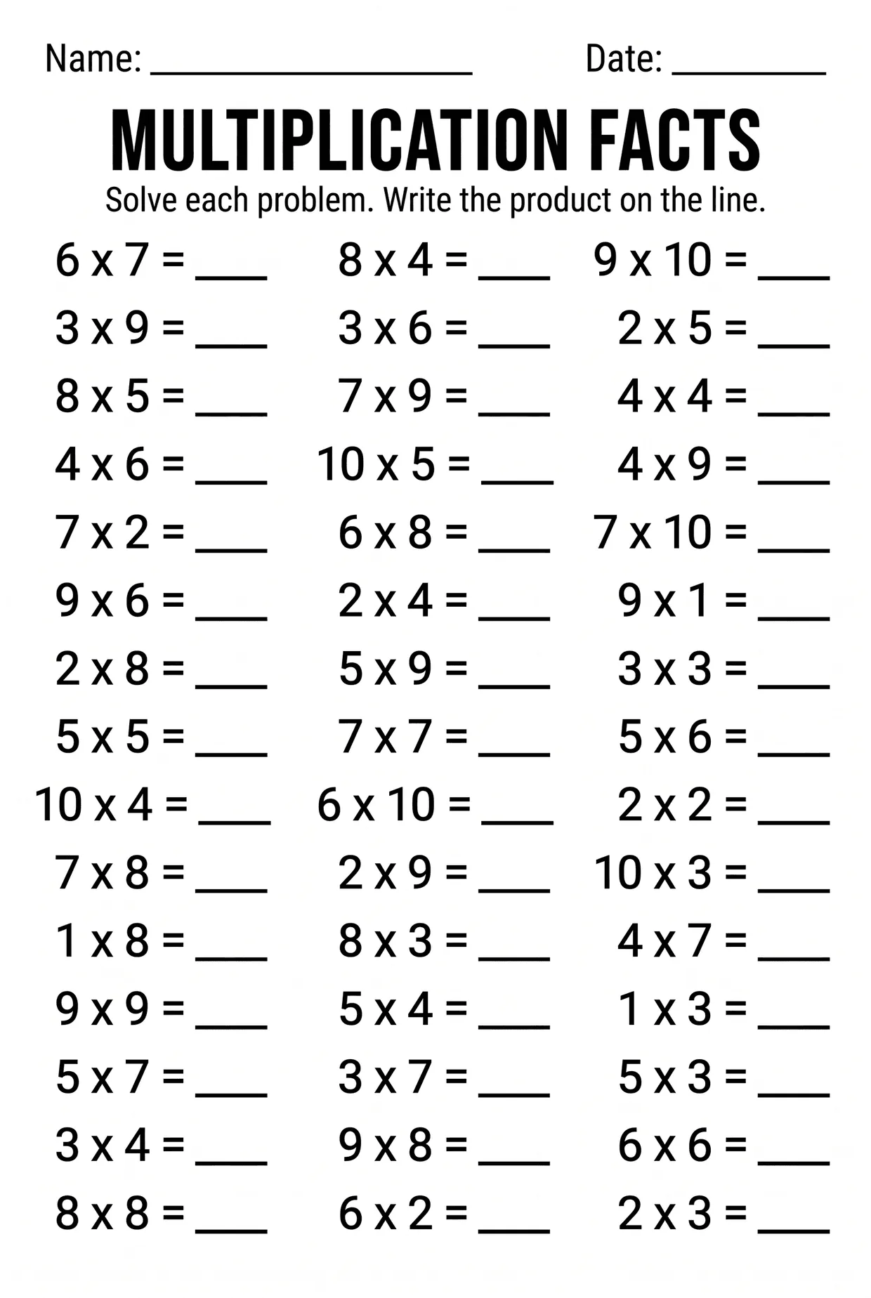 45 Multiplication Facts Practice Worksheet Grade 3, page 1 preview