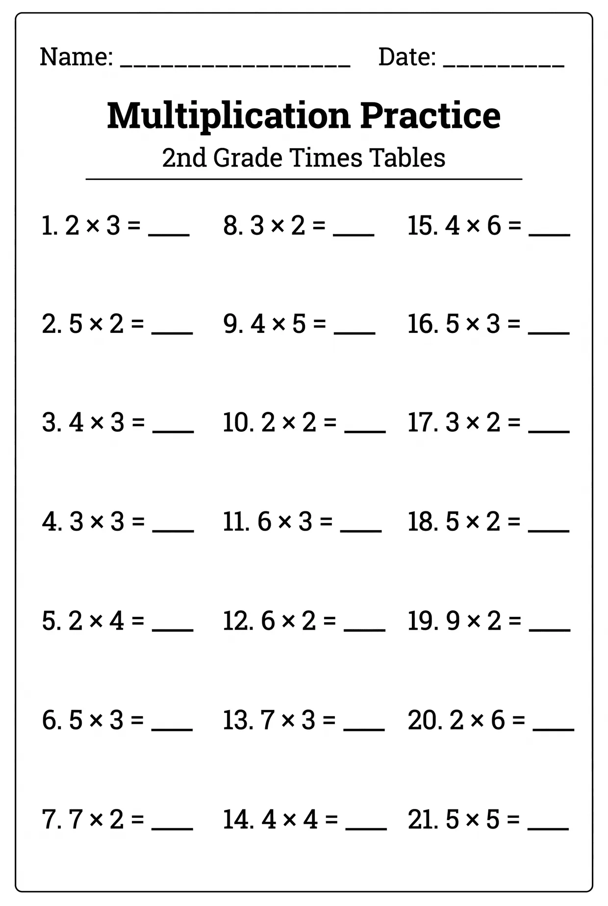 Multiplication Practice: 2nd Grade Times Tables Drill, page 1 preview