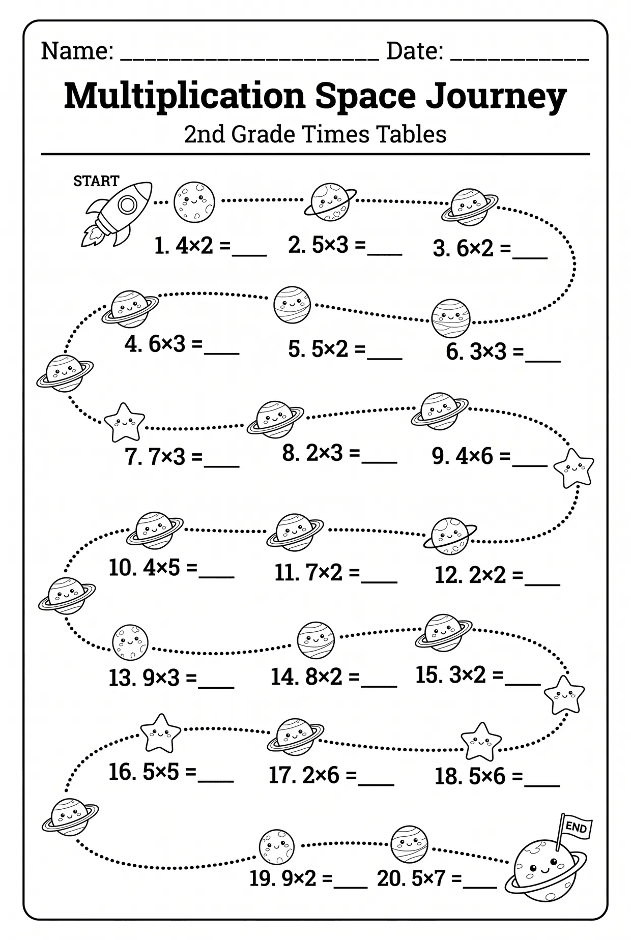 Multiplication Space Journey: 2nd Grade Path Worksheet, page 1 preview