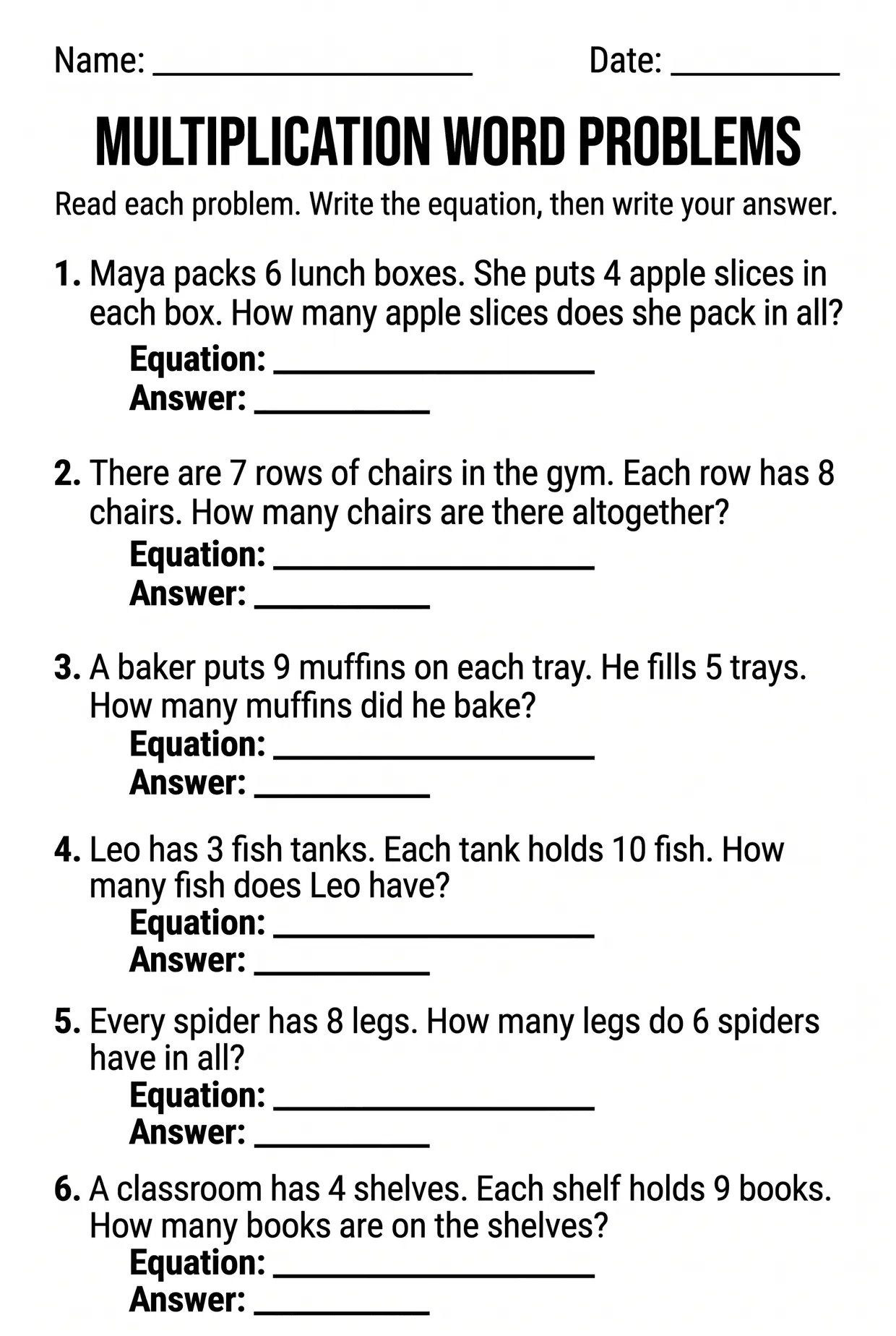 Multiplication Word Problems Worksheet for Grade 3, page 1 preview