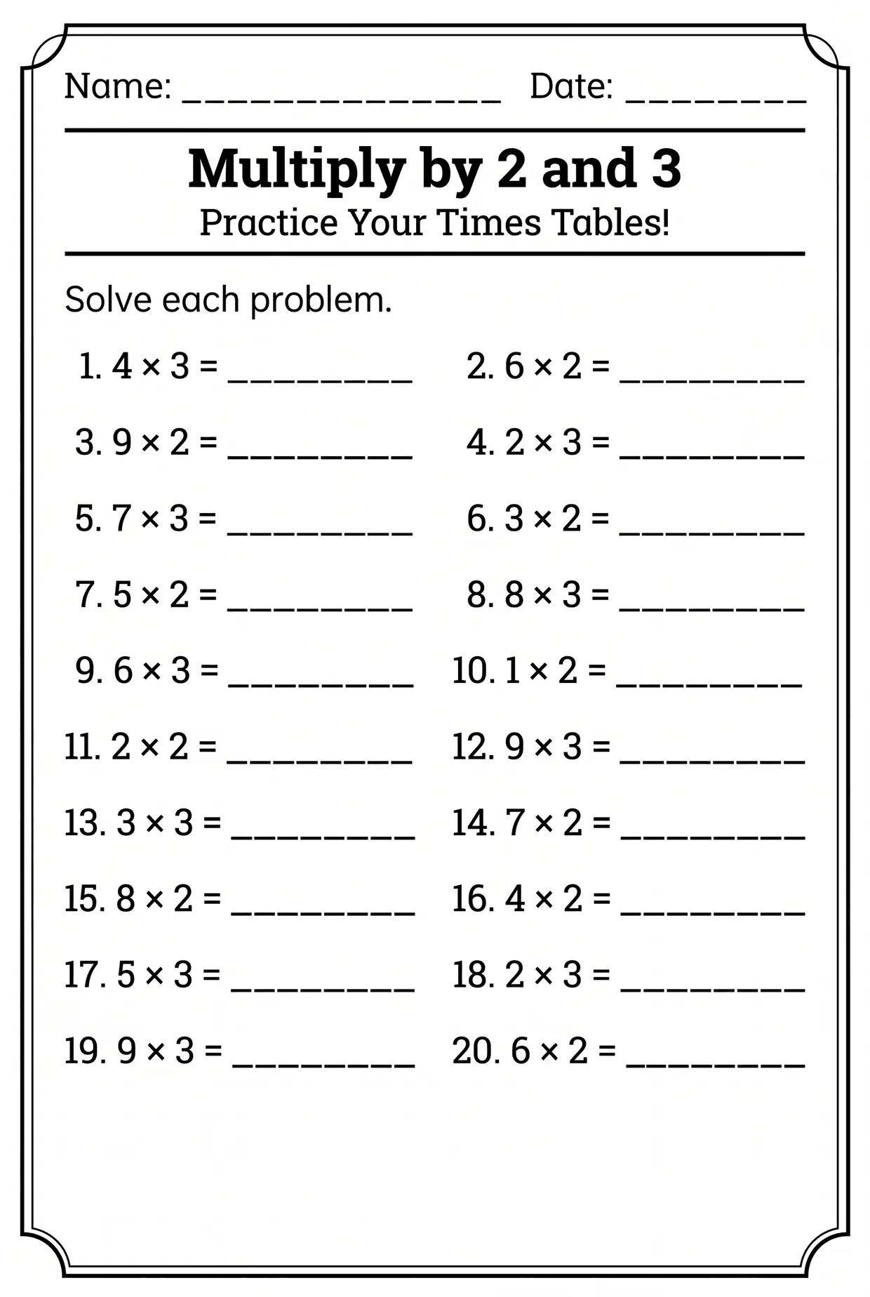 Multiply by 2 and 3: 2nd Grade Times Tables Worksheet, page 1 preview