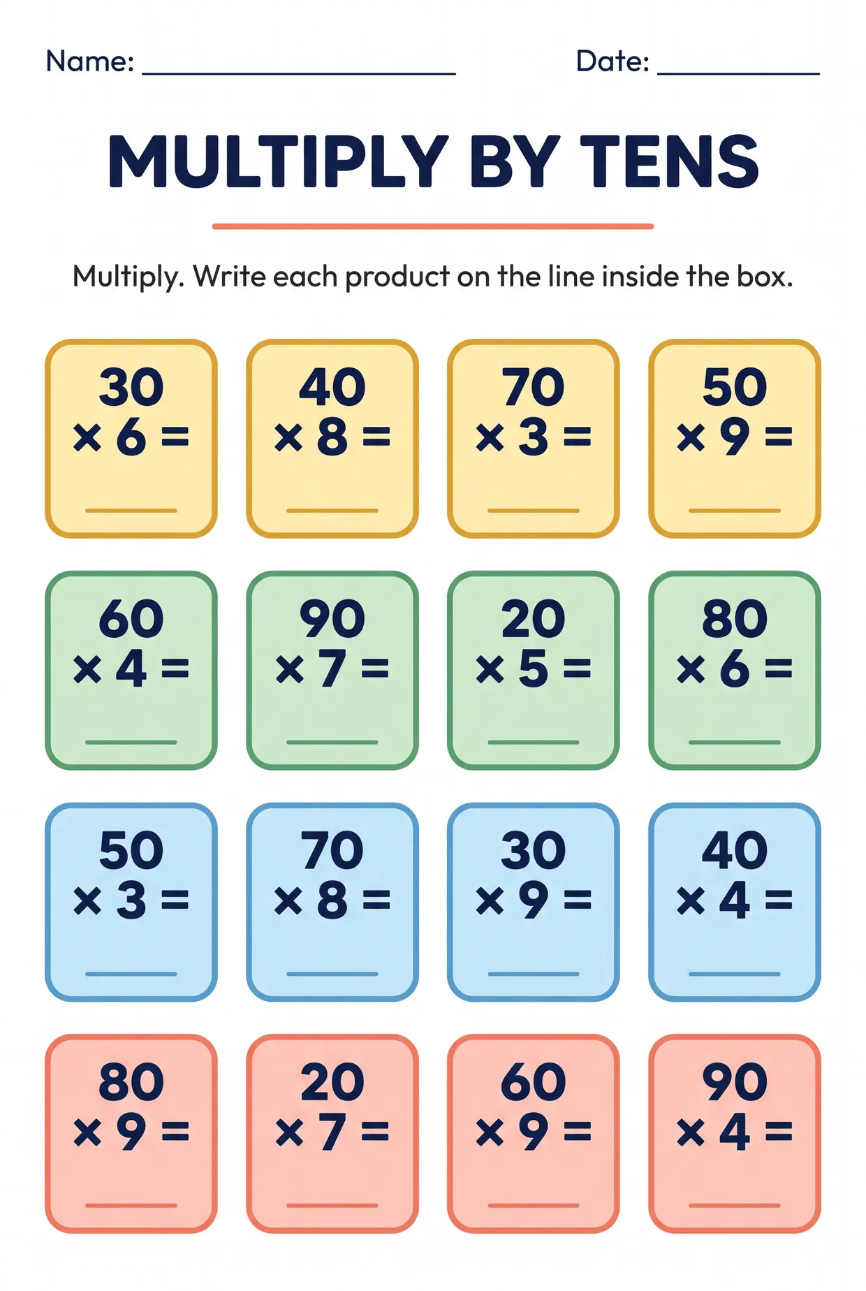 Multiply by Tens Multiplication Worksheet Grade 3, page 1 preview
