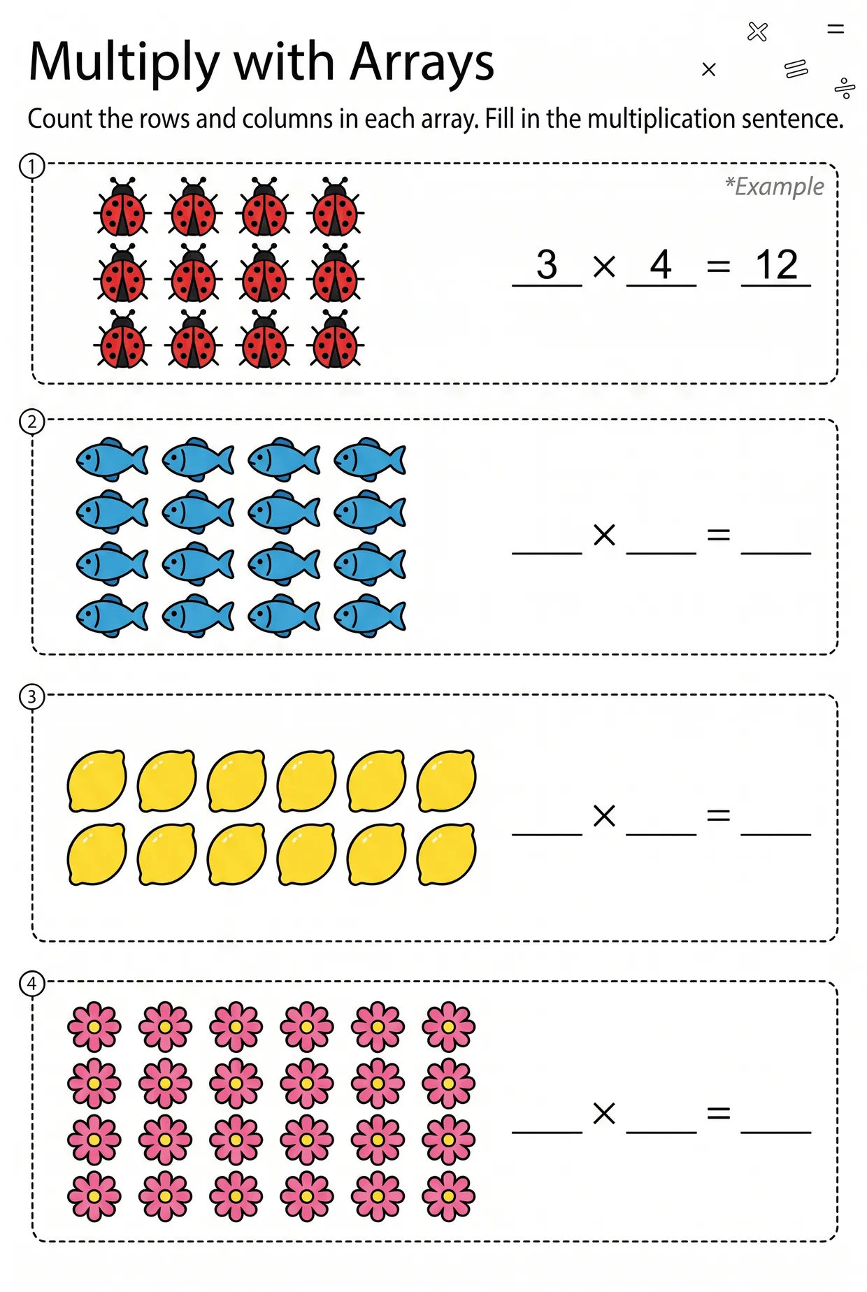 Multiply with Arrays Worksheet: Ladybugs and Fish, page 1 preview