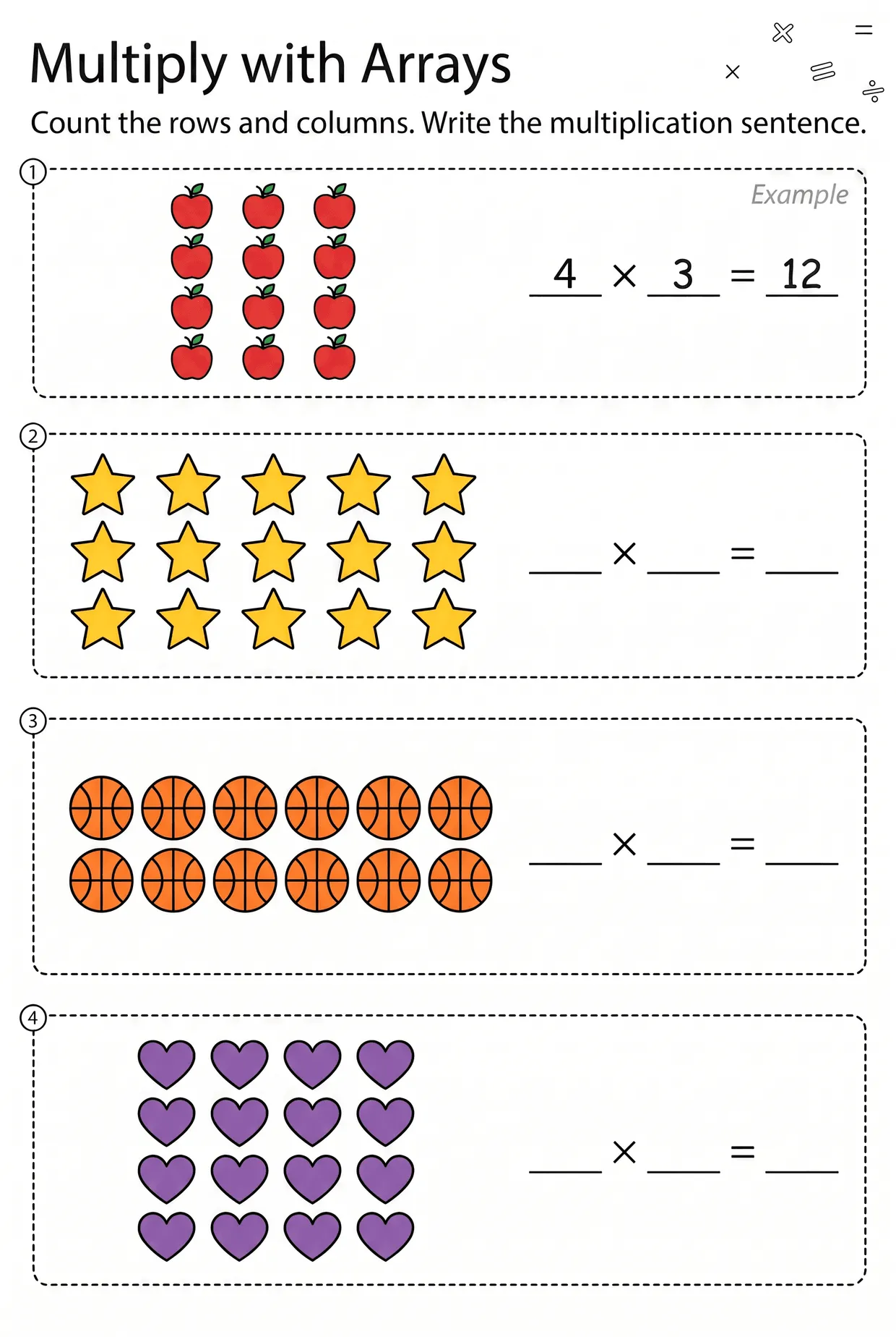 Multiply with Arrays: Stars, Hearts and Apples Worksheet, page 1 preview