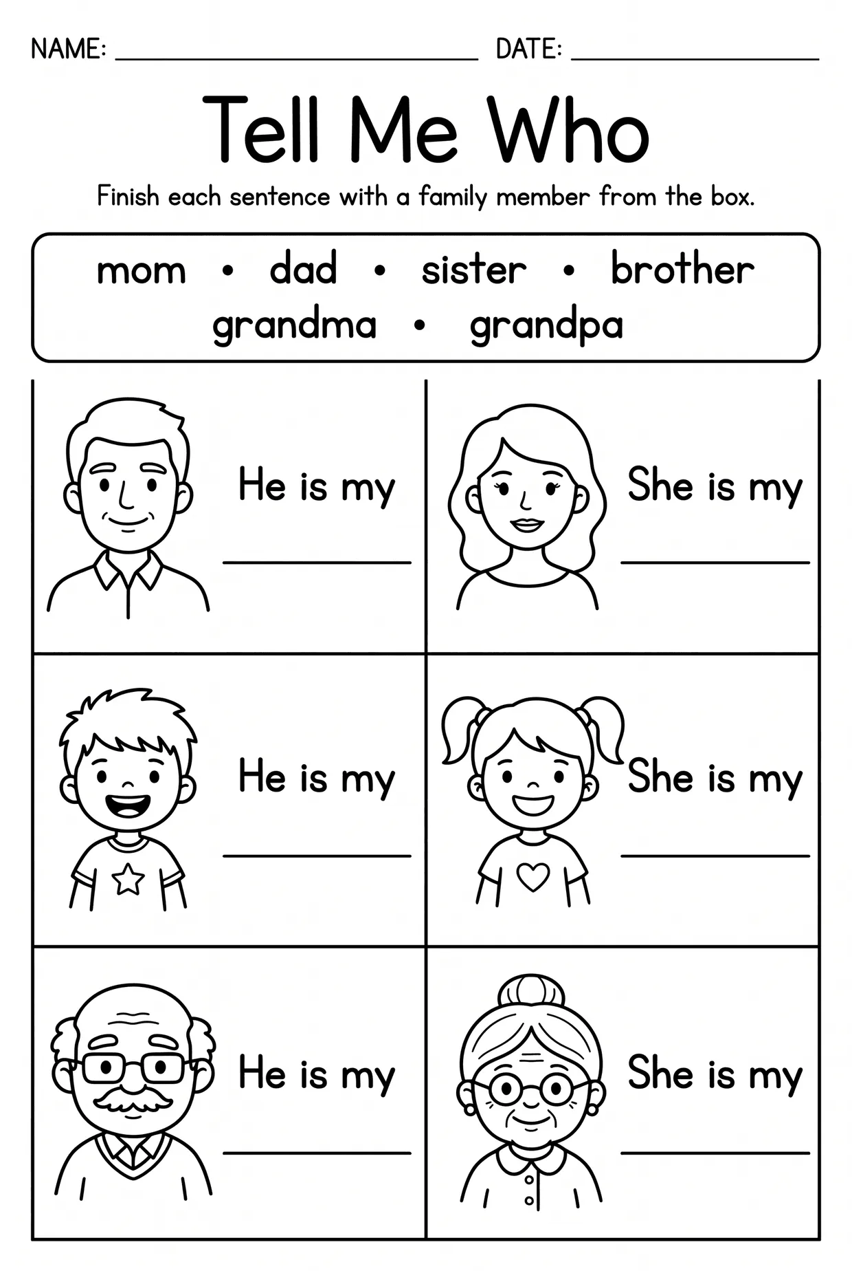 Tell Me Who: Family Members Sentence Writing Worksheet, page 1 preview