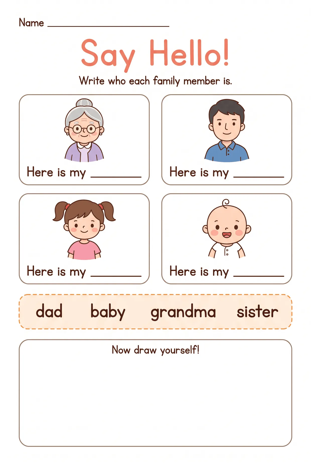 Say Hello: My Family Write and Draw Worksheet, page 1 preview