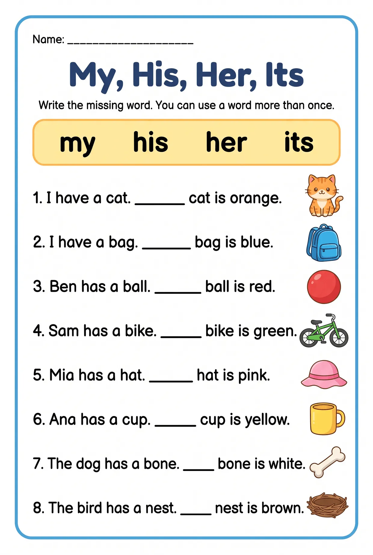 My His Her Its Possessive Adjectives Worksheet worksheet preview