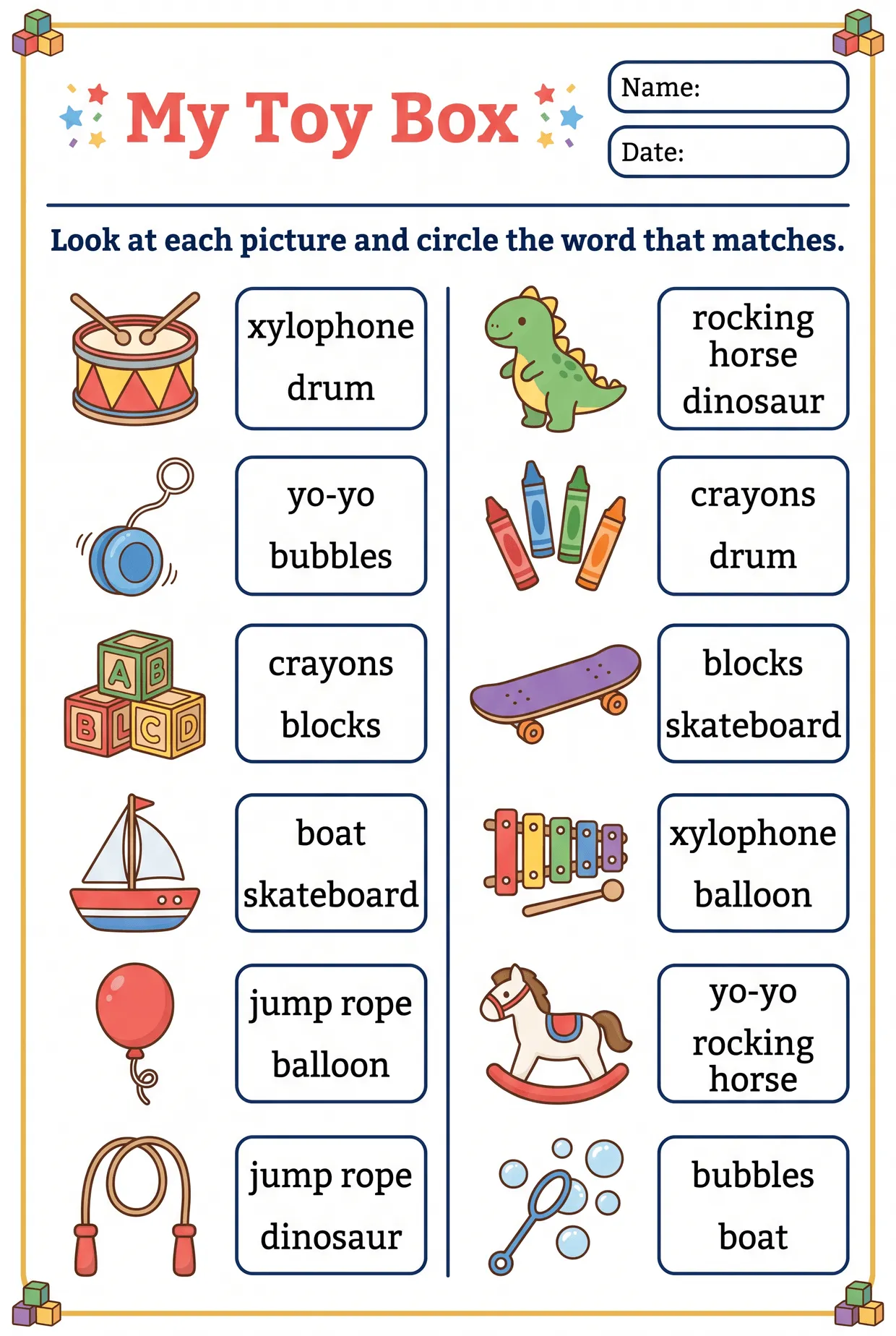 My Toy Box: Circle the Word Toys Worksheet, page 1 preview