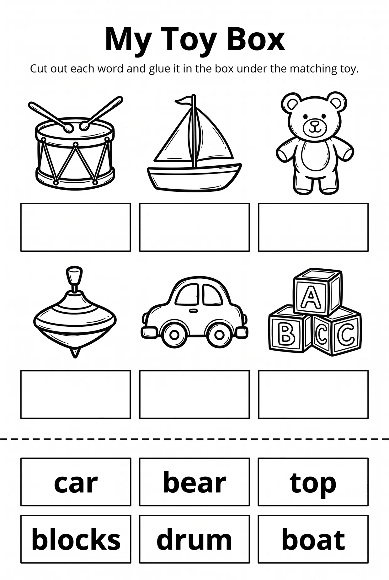 My Toy Box: Cut and Paste Toys Worksheet, page 1 preview