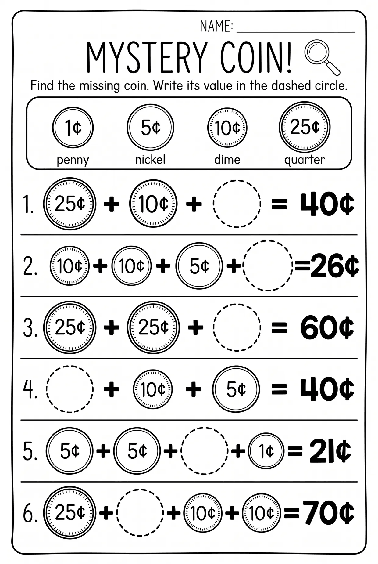 Mystery Missing Coin: 2nd Grade Money Worksheet, page 1 preview