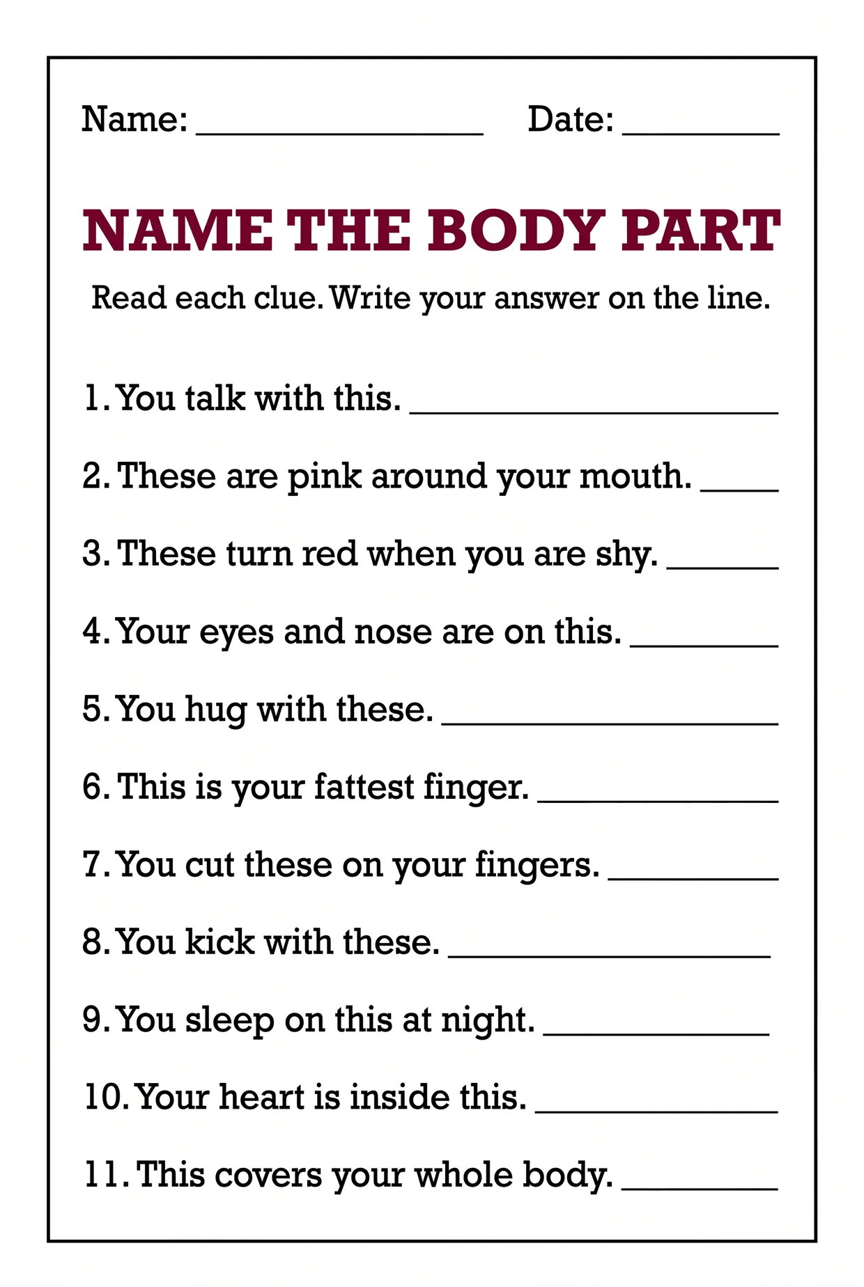 Name the Body Part Worksheet: 11 Riddle Clues, page 1 preview