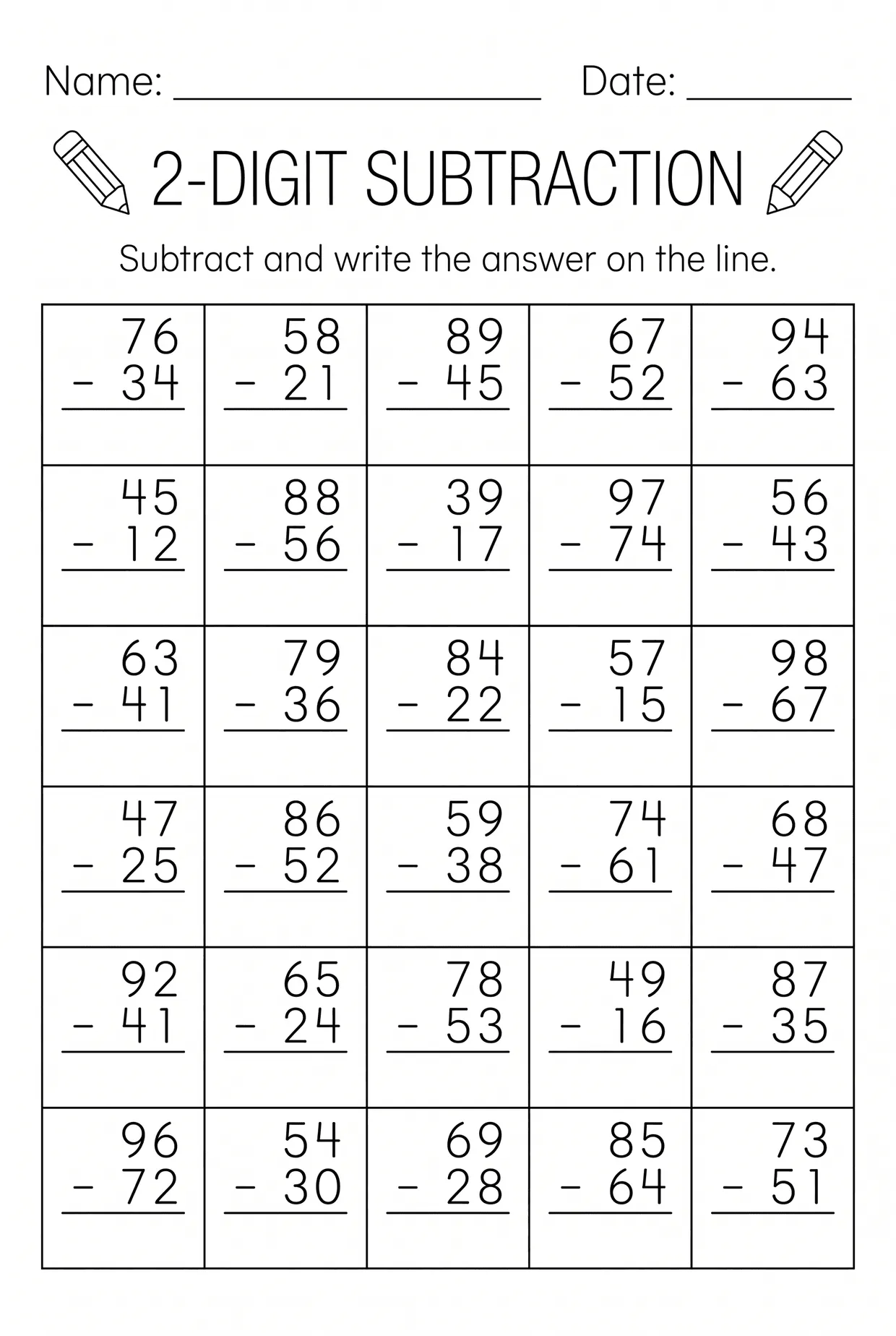 2nd Grade Subtraction Worksheet, No Regrouping worksheet preview