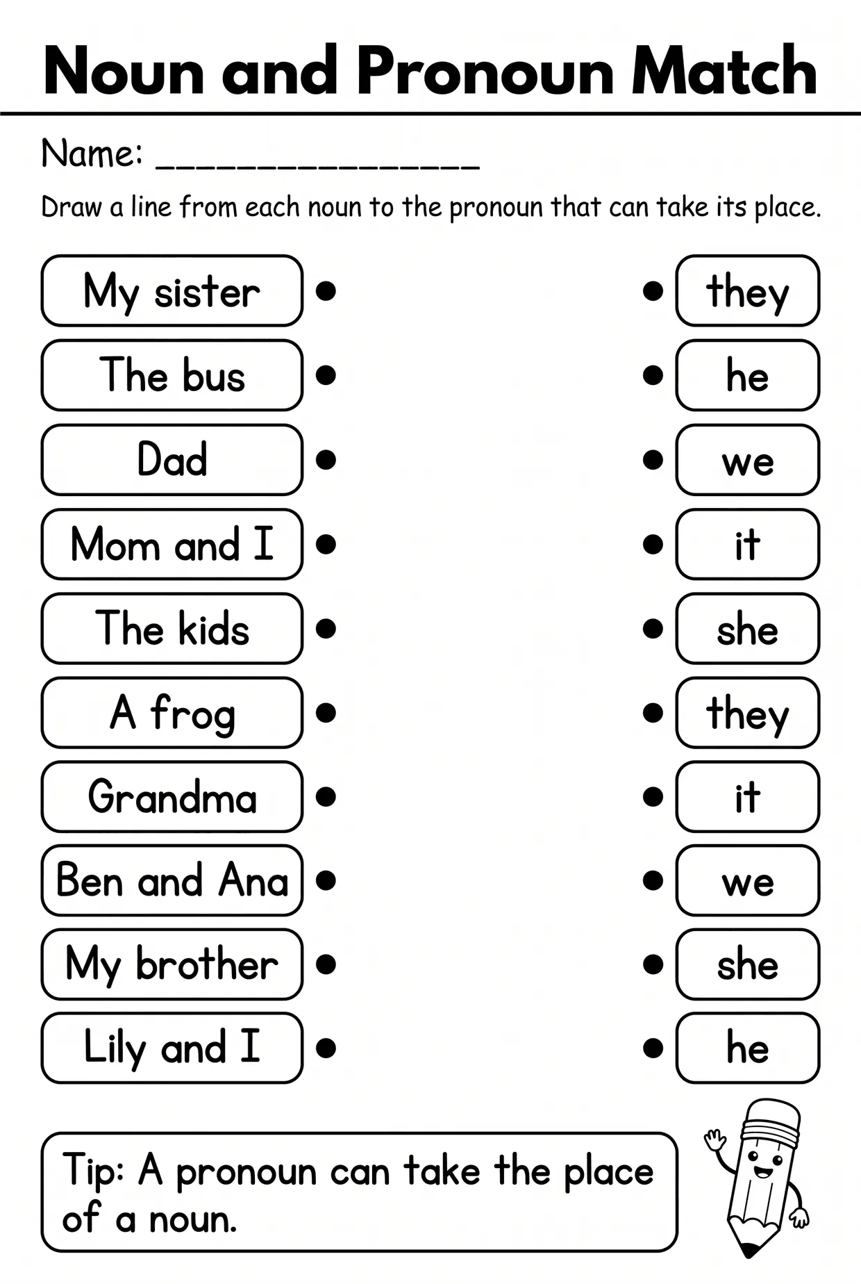 Noun and Pronoun Match Worksheet for Grade 1, page 1 preview