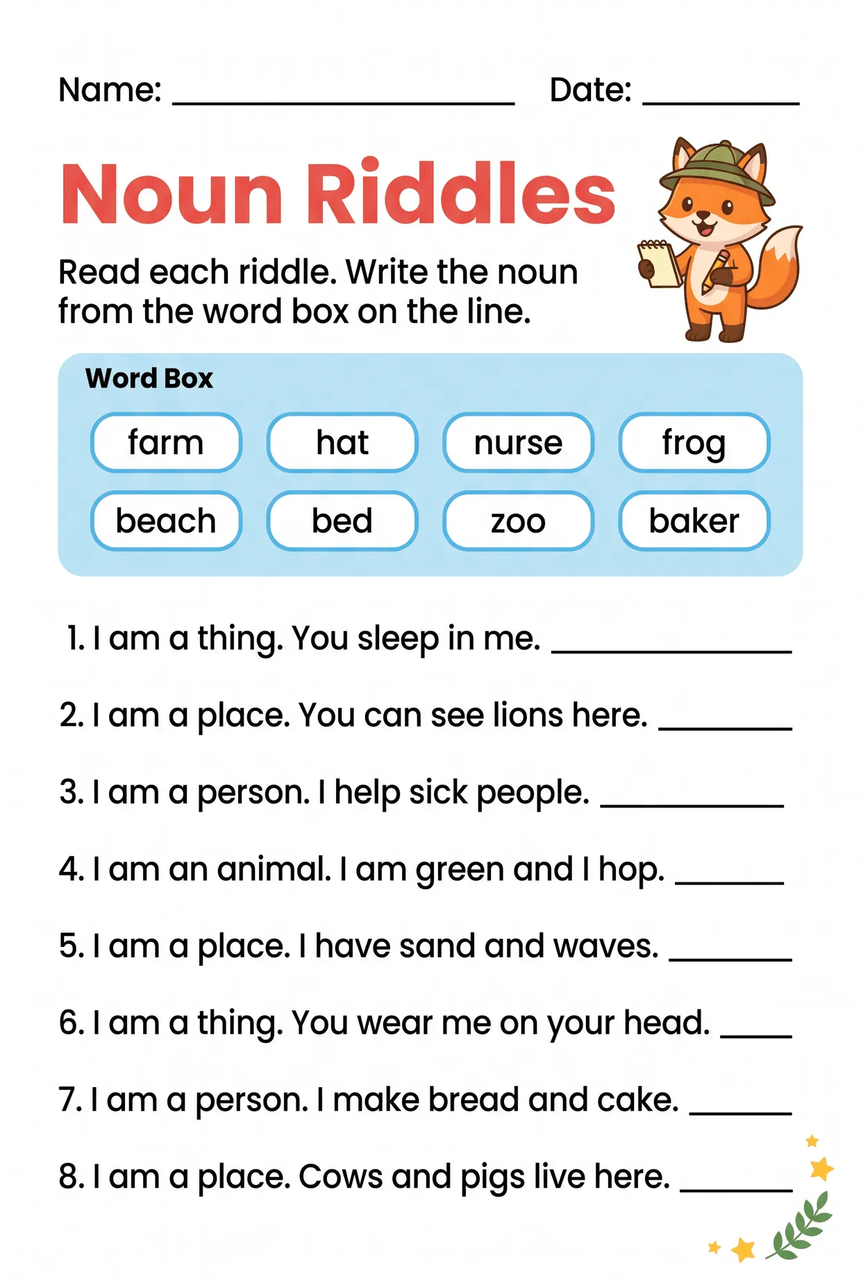 Noun Riddles Word Bank Worksheet for 1st Grade, page 1 preview