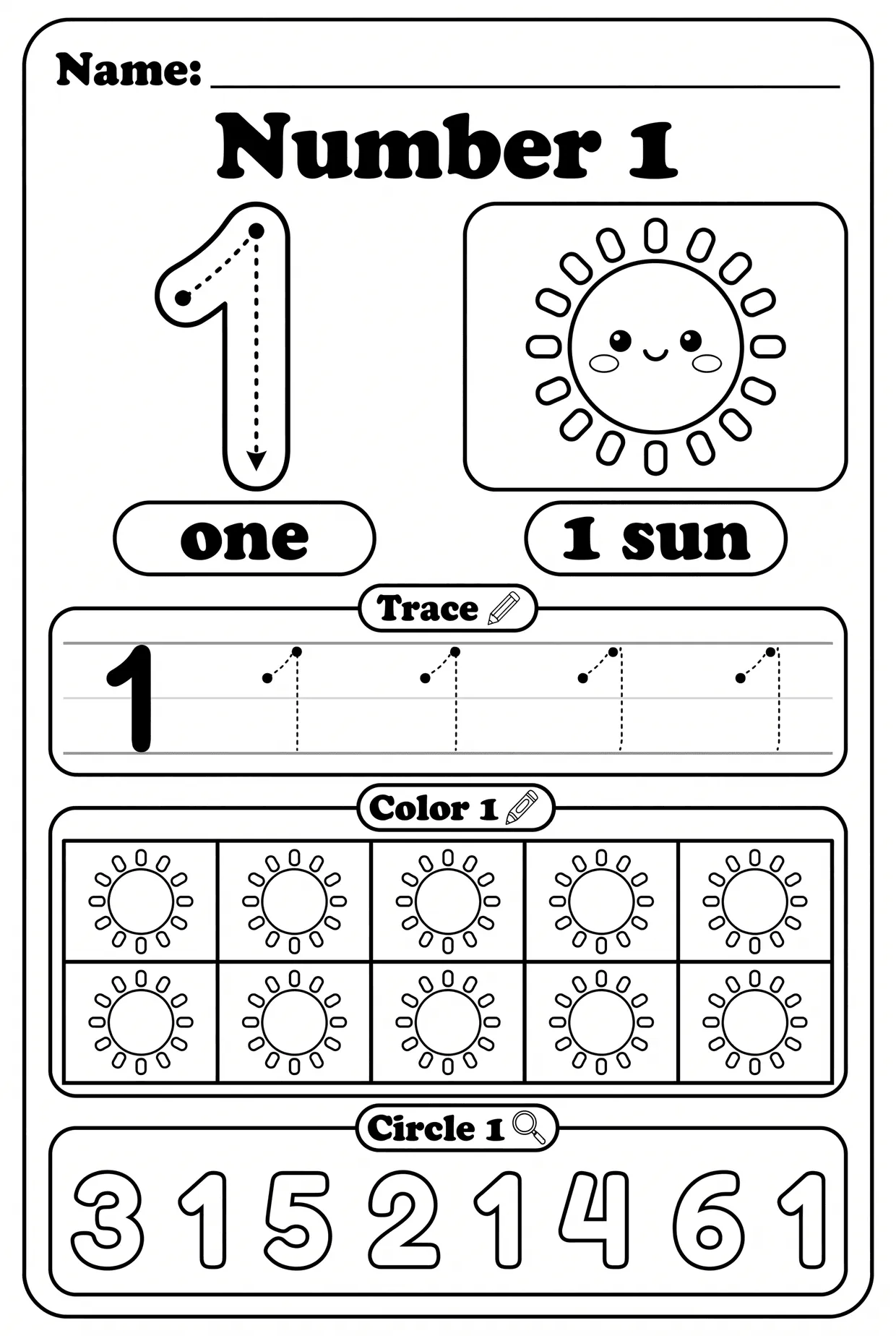 Number 1 Worksheet for Preschool: One Smiling Sun, page 1 preview