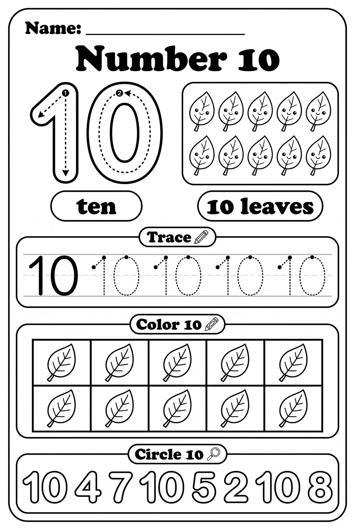Number 10 Worksheet for Preschool: Ten Fall Leaves, page 1 preview