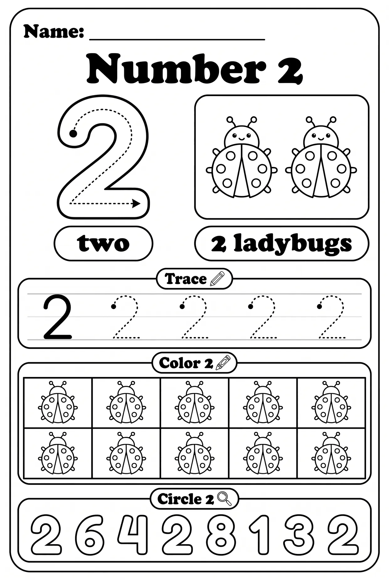 Number 2 Worksheet for Preschool: Two Ladybugs, page 1 preview