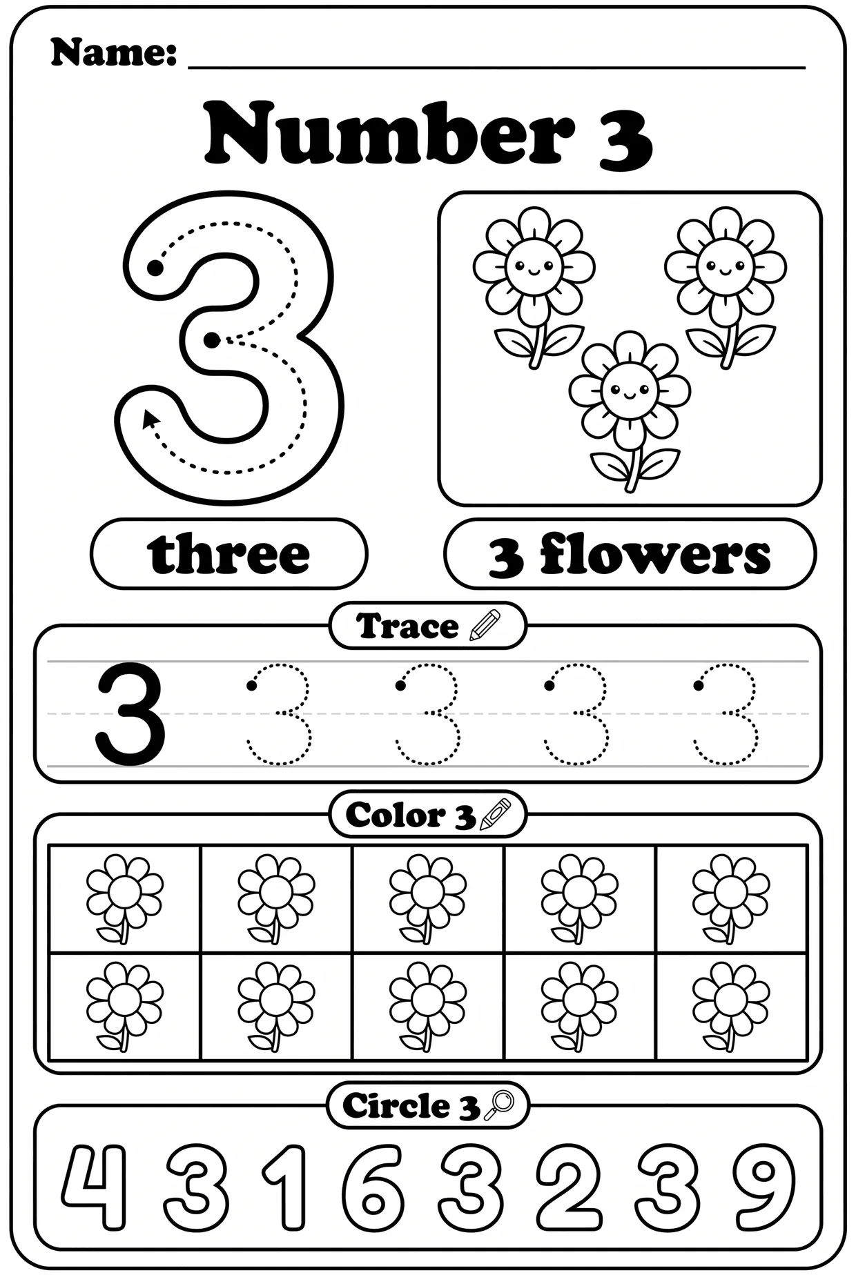 Number 3 Worksheet for Preschool: Three Happy Flowers, page 1 preview