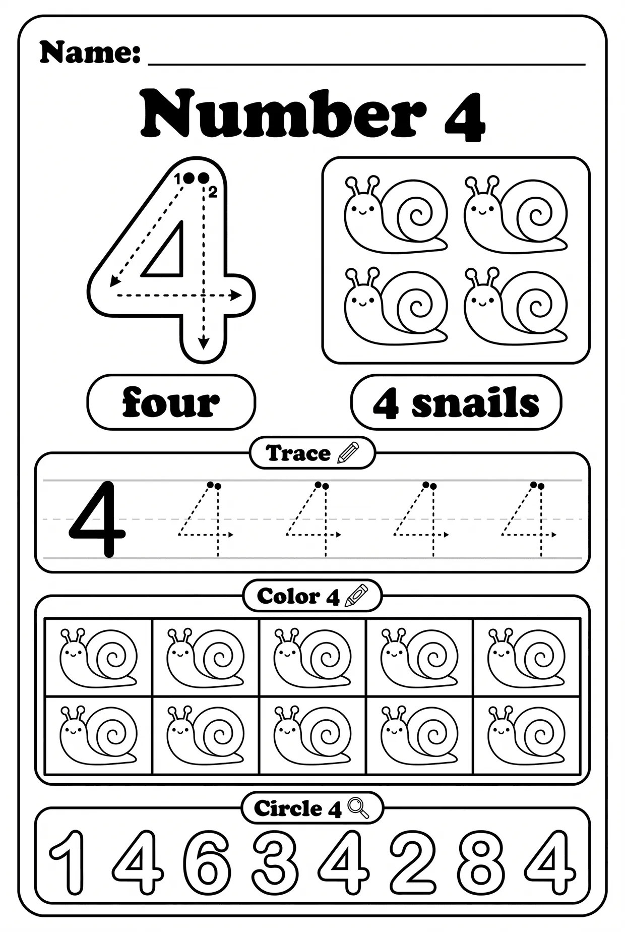 Number 4 Worksheet for Preschool: Four Snails, page 1 preview