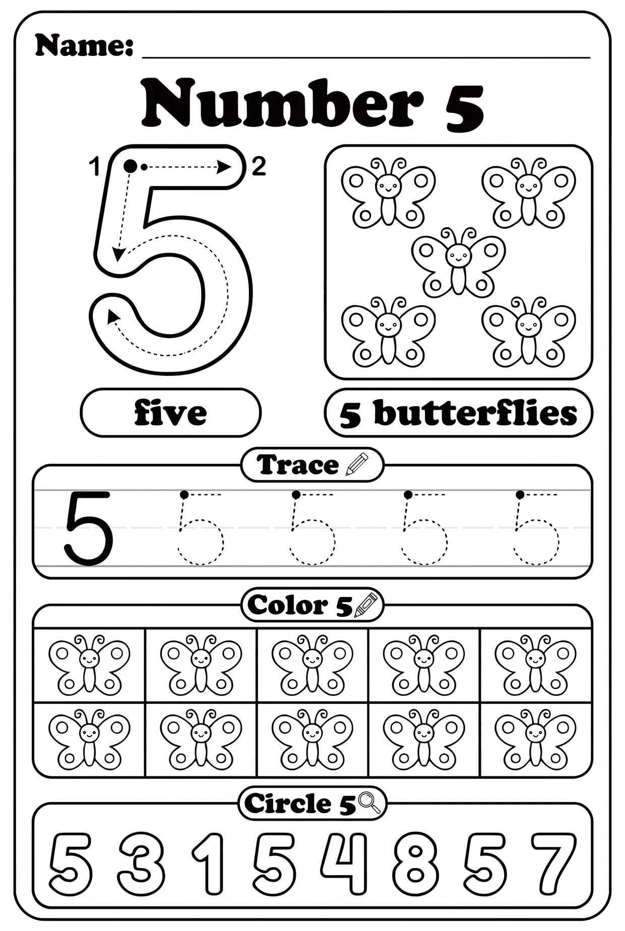 Number 5 Worksheet for Preschool: Five Butterflies, page 1 preview