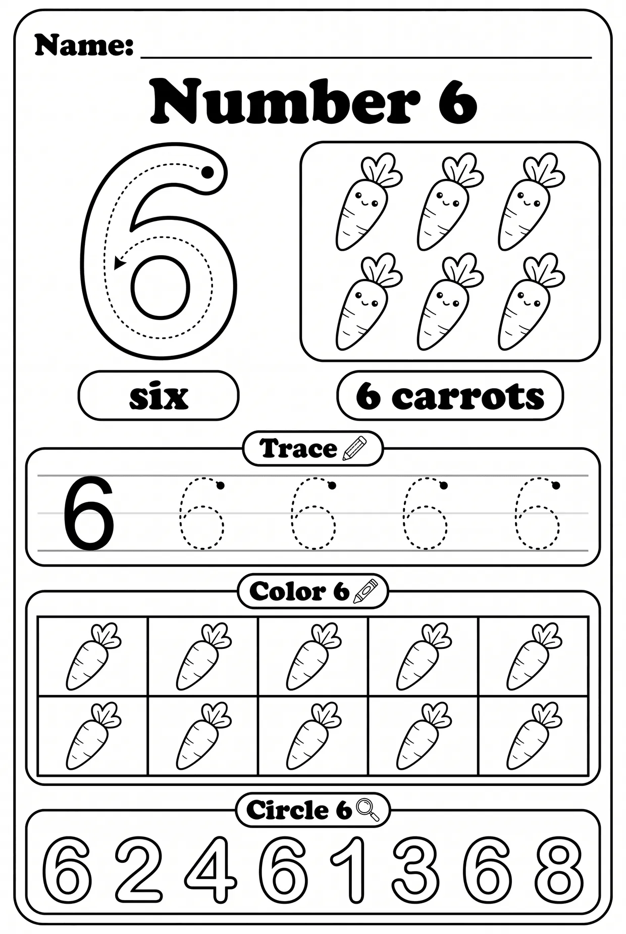 Number 6 Worksheet for Preschool: Six Carrots, page 1 preview