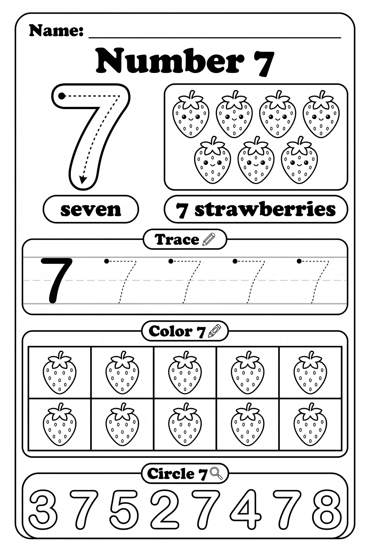 Number 7 Worksheet for Preschool: Seven Strawberries, page 1 preview