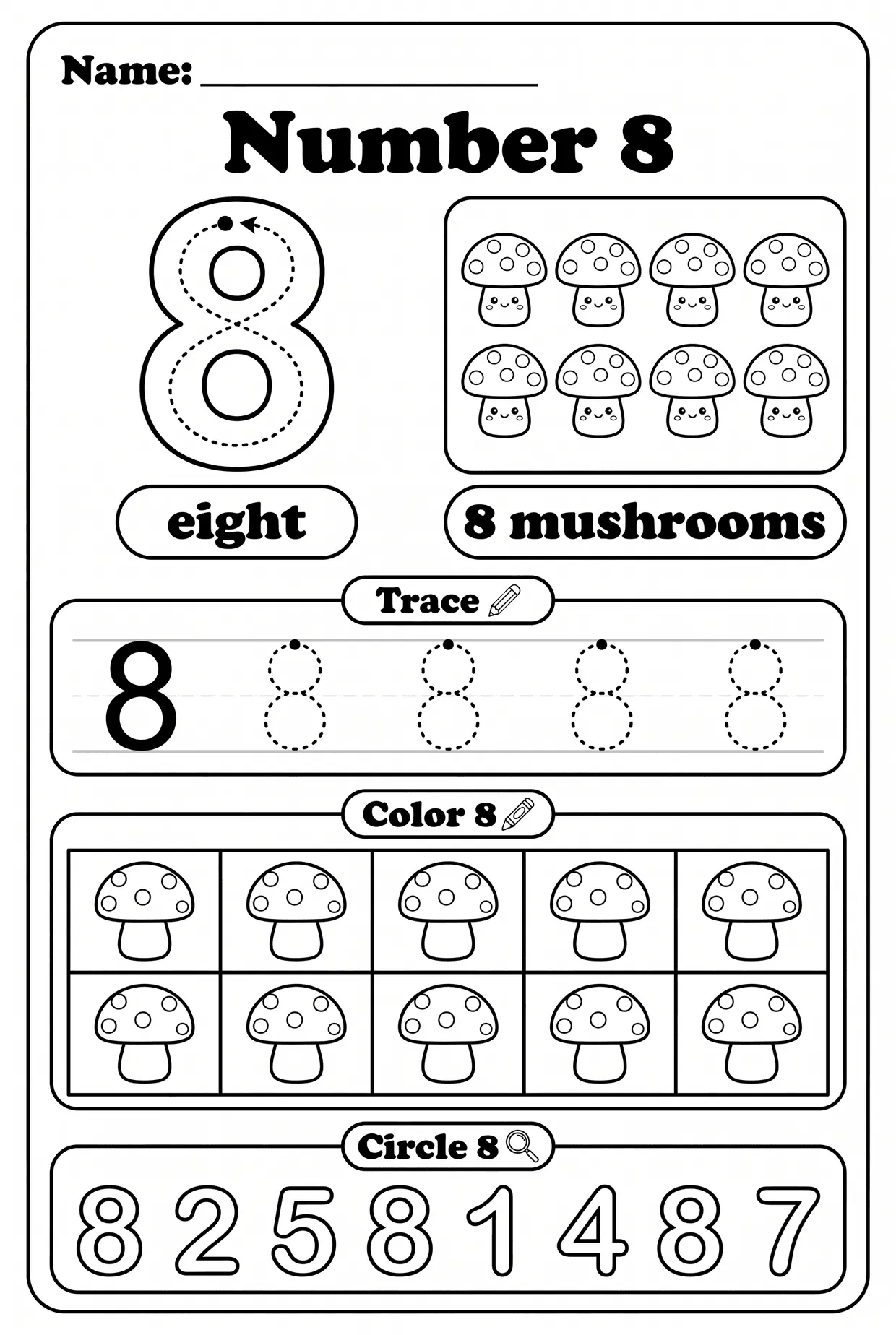 Number 8 Worksheet for Preschool: Eight Mushrooms worksheet preview