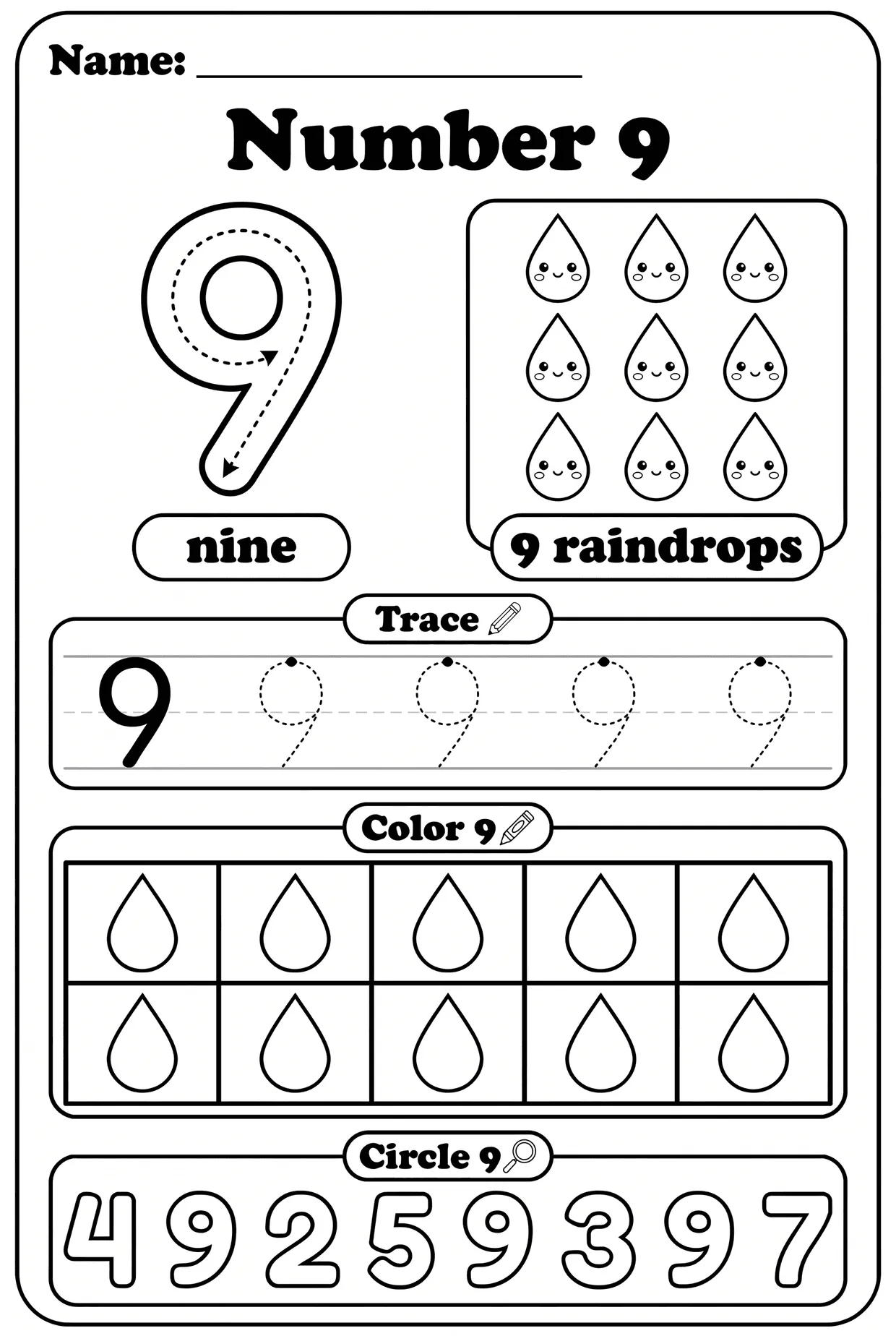Number 9 Worksheet for Preschool: Nine Raindrops, page 1 preview