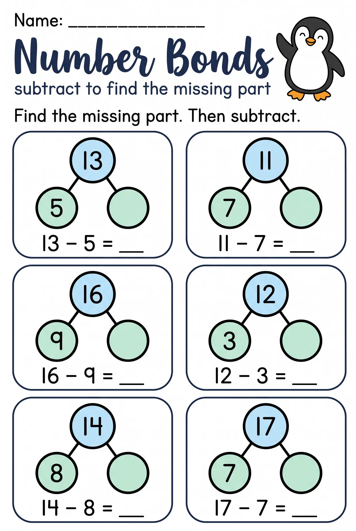 Number Bonds Subtraction Worksheet for First Grade, page 1 preview
