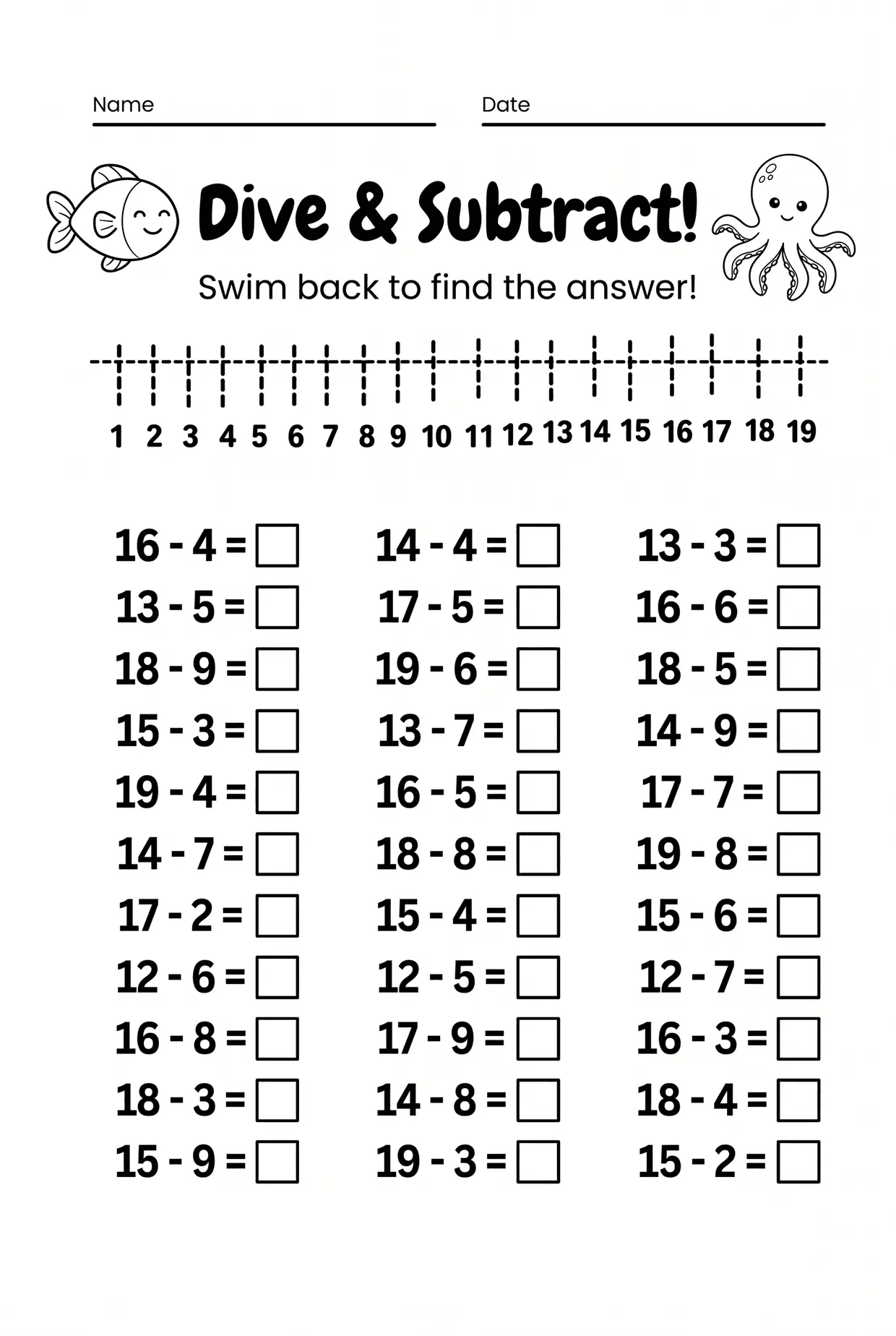 Ocean Number Line Subtraction Worksheet to 20, page 1 preview