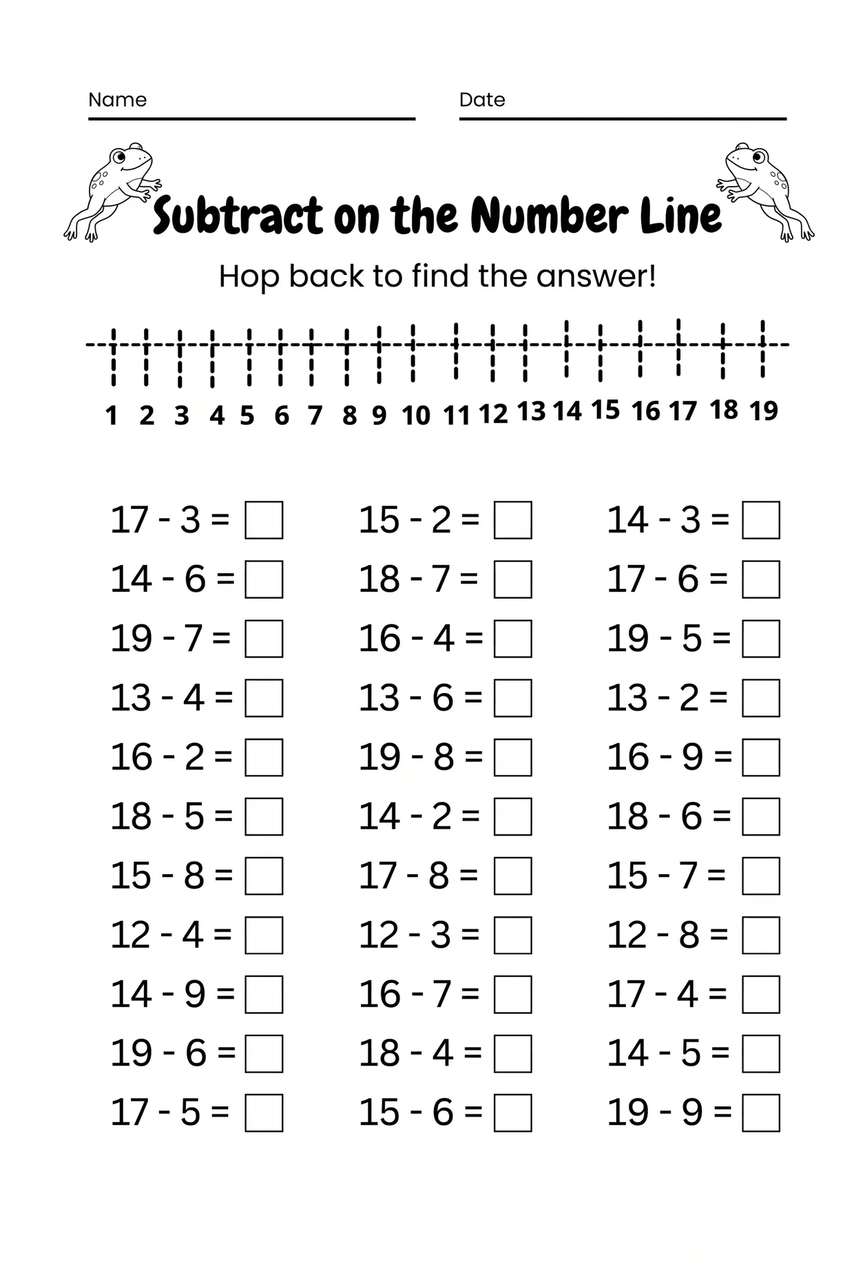 Number Line Subtraction Worksheet Within 20, page 1 preview