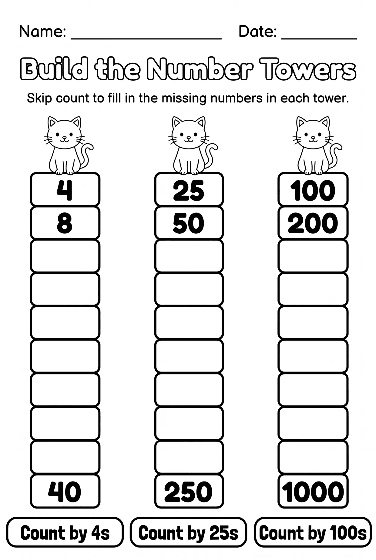 Number Towers Skip Counting Worksheet by 4s 25s and 100s, page 1 preview