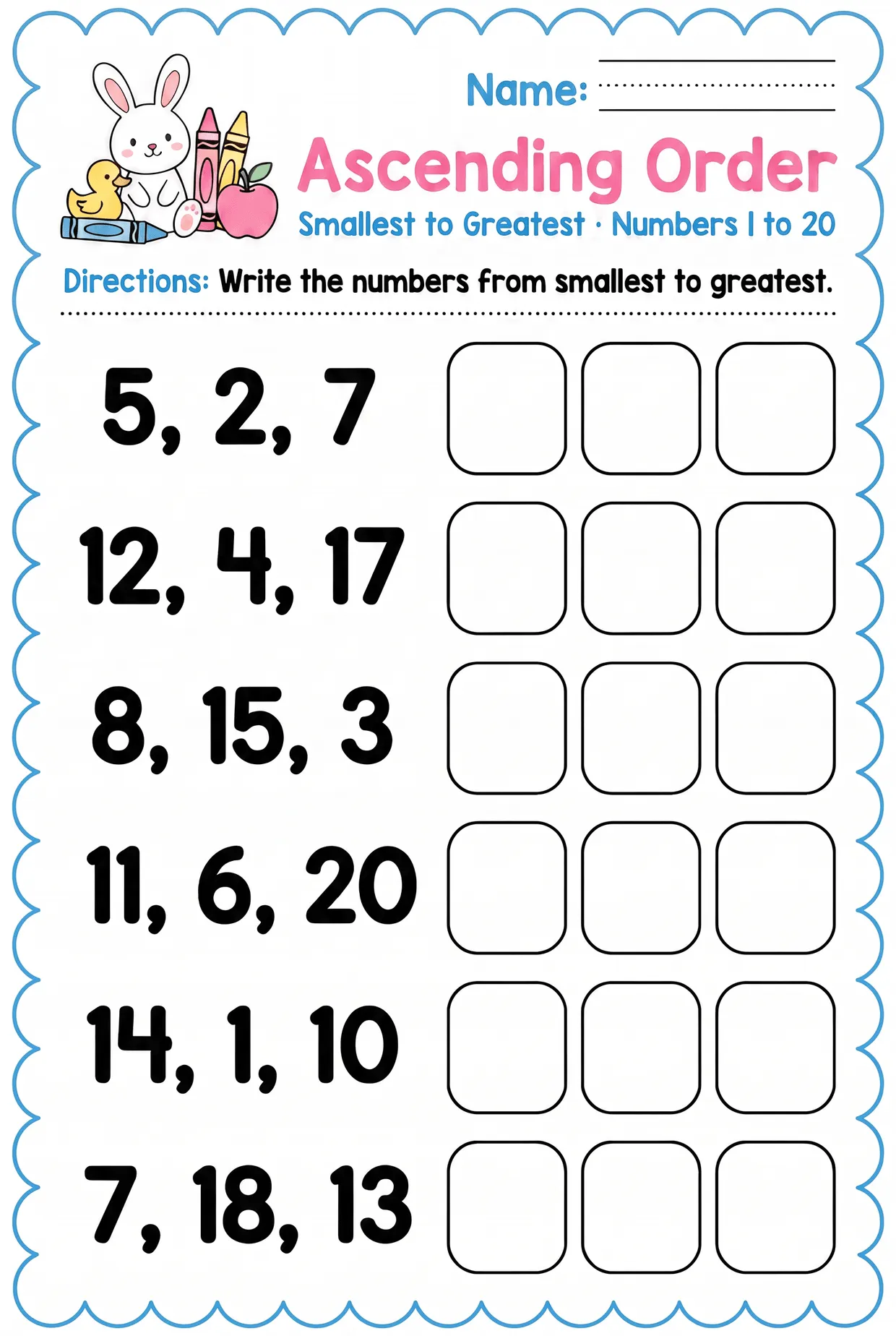 Ascending Order Worksheet: Numbers 1 to 20, page 1 preview