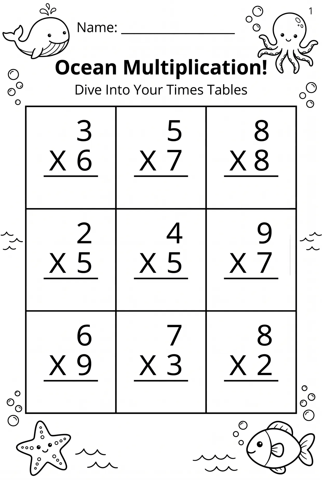 Ocean Multiplication Worksheet: Times Tables Practice, page 1 preview