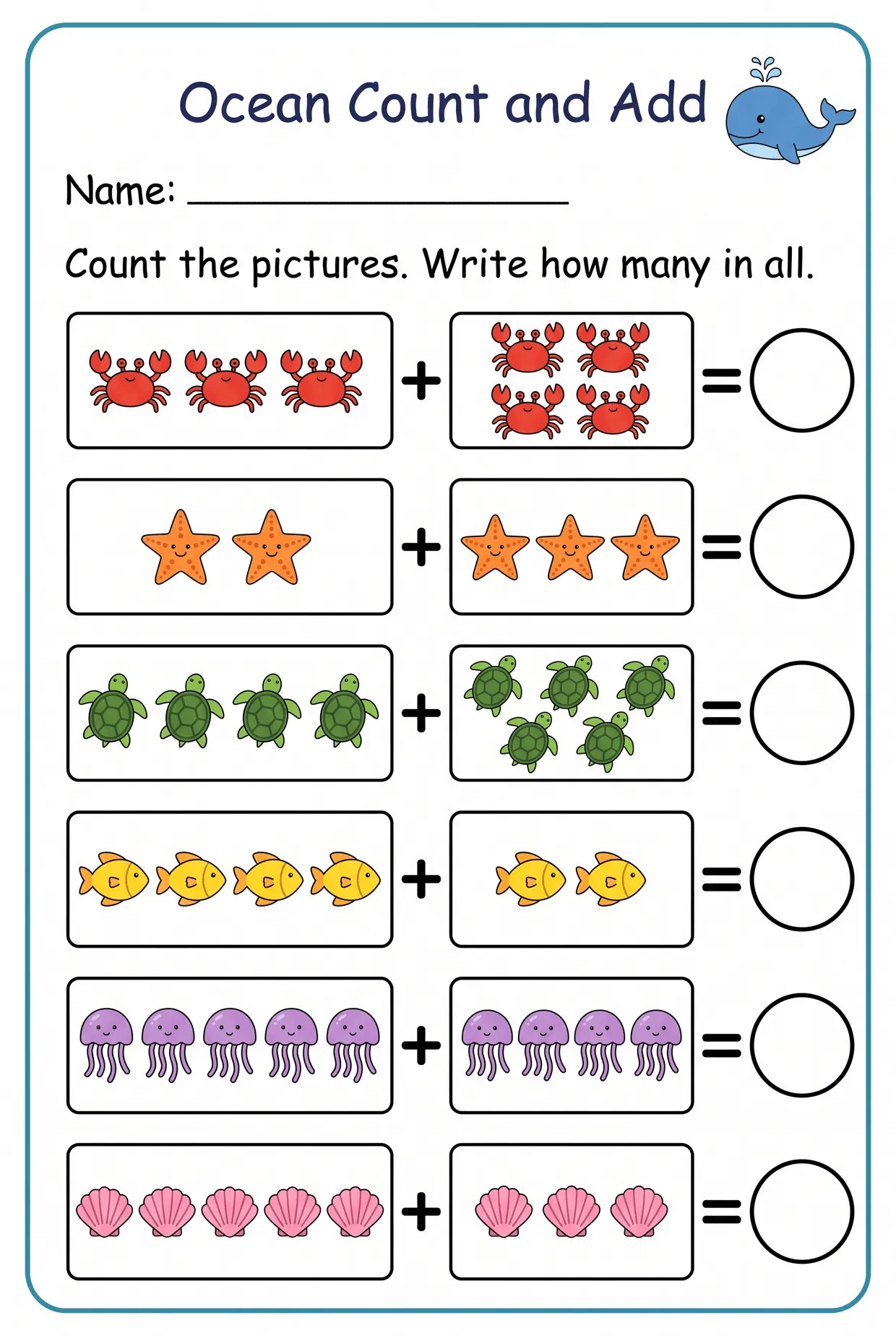 Ocean Count and Add Kindergarten Addition Worksheet, page 1 preview