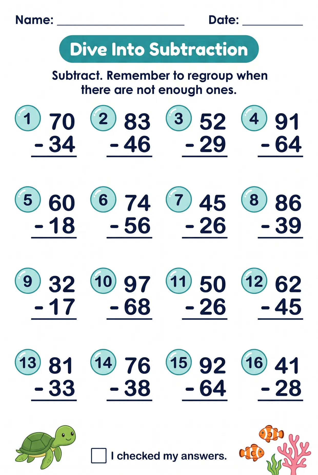 Ocean Subtraction With Regrouping Worksheet for Grade 2, page 1 preview