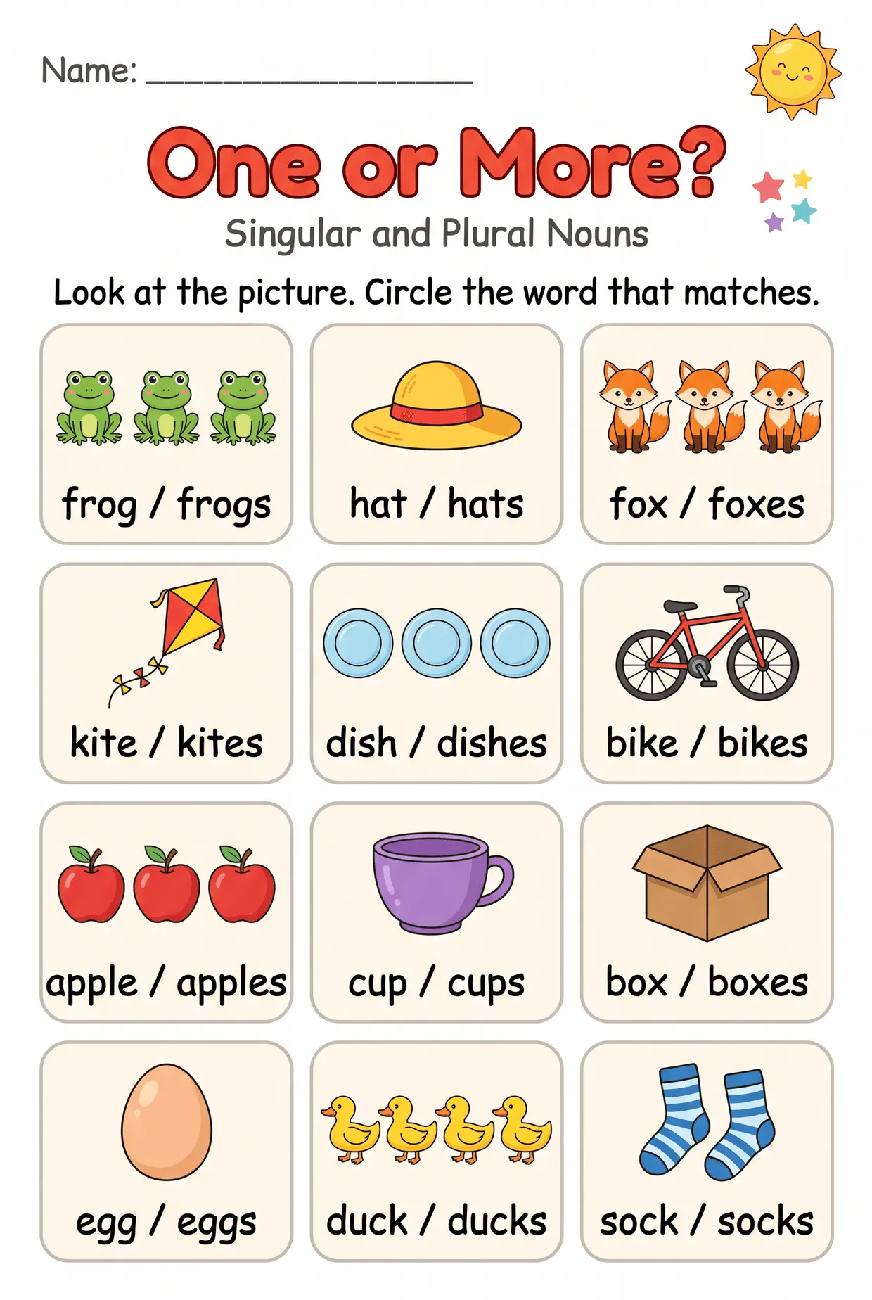 One or More? Singular Plural Worksheet for 1st Grade, page 1 preview