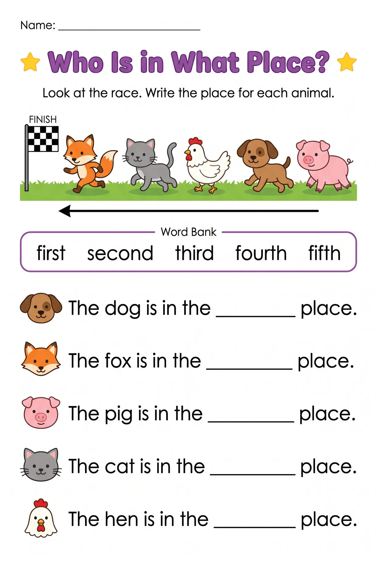 Animal Race Ordinal Numbers Worksheet, page 1 preview