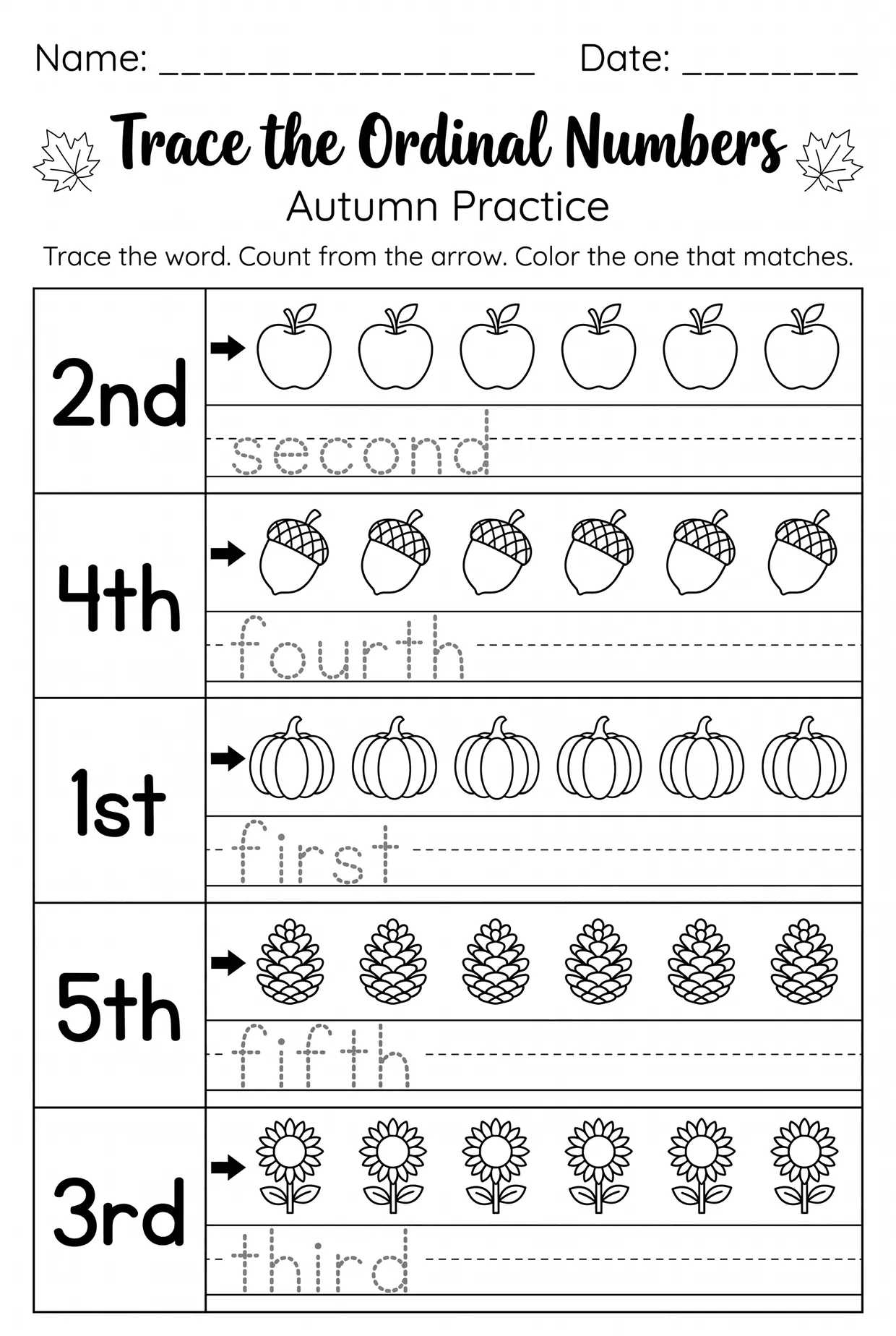 Autumn Ordinal Numbers Tracing Worksheet, page 1 preview